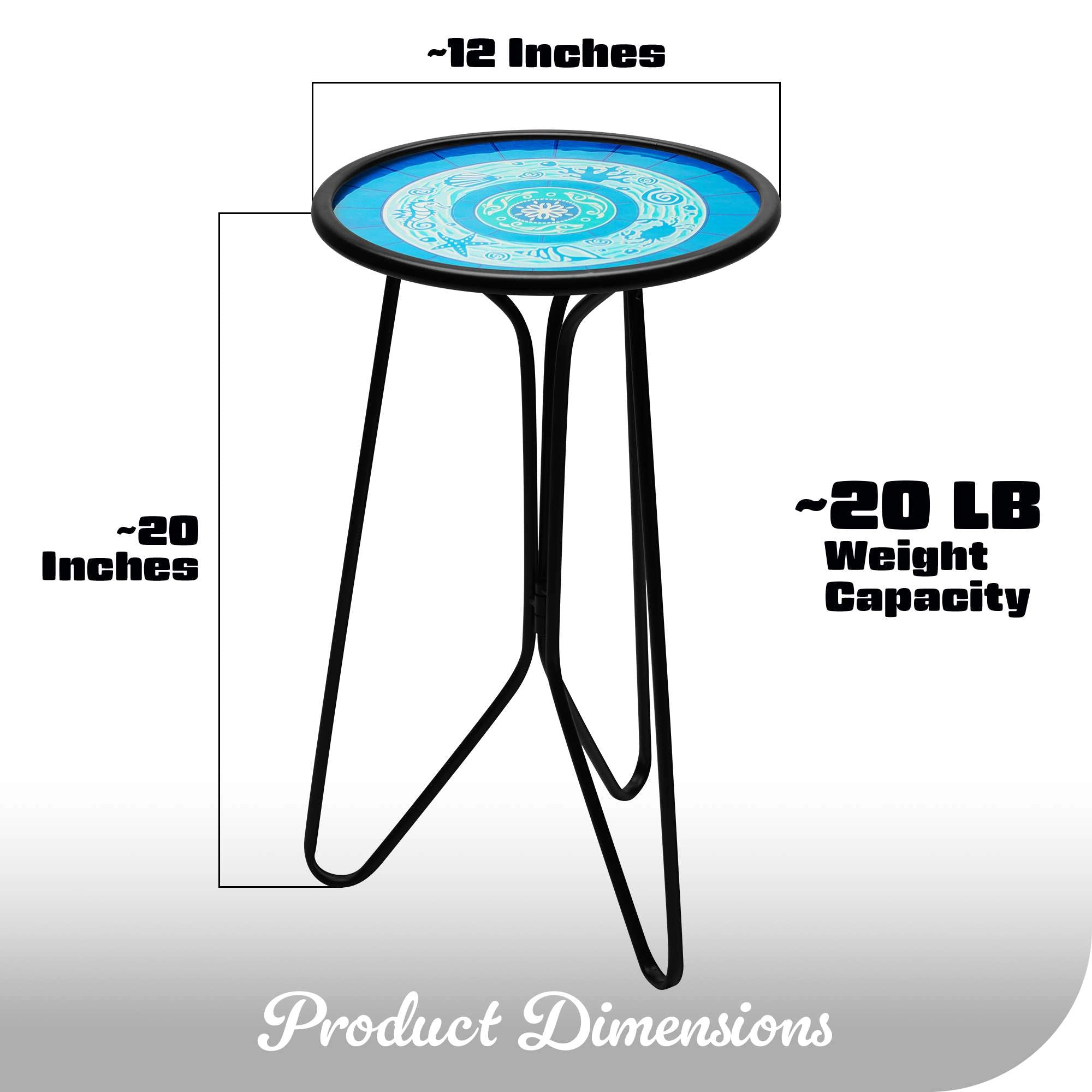 G128 12in Round Glass Outdoor Side Table Ocean Pattern - Foldable Anti-Rust Metal Patio Table