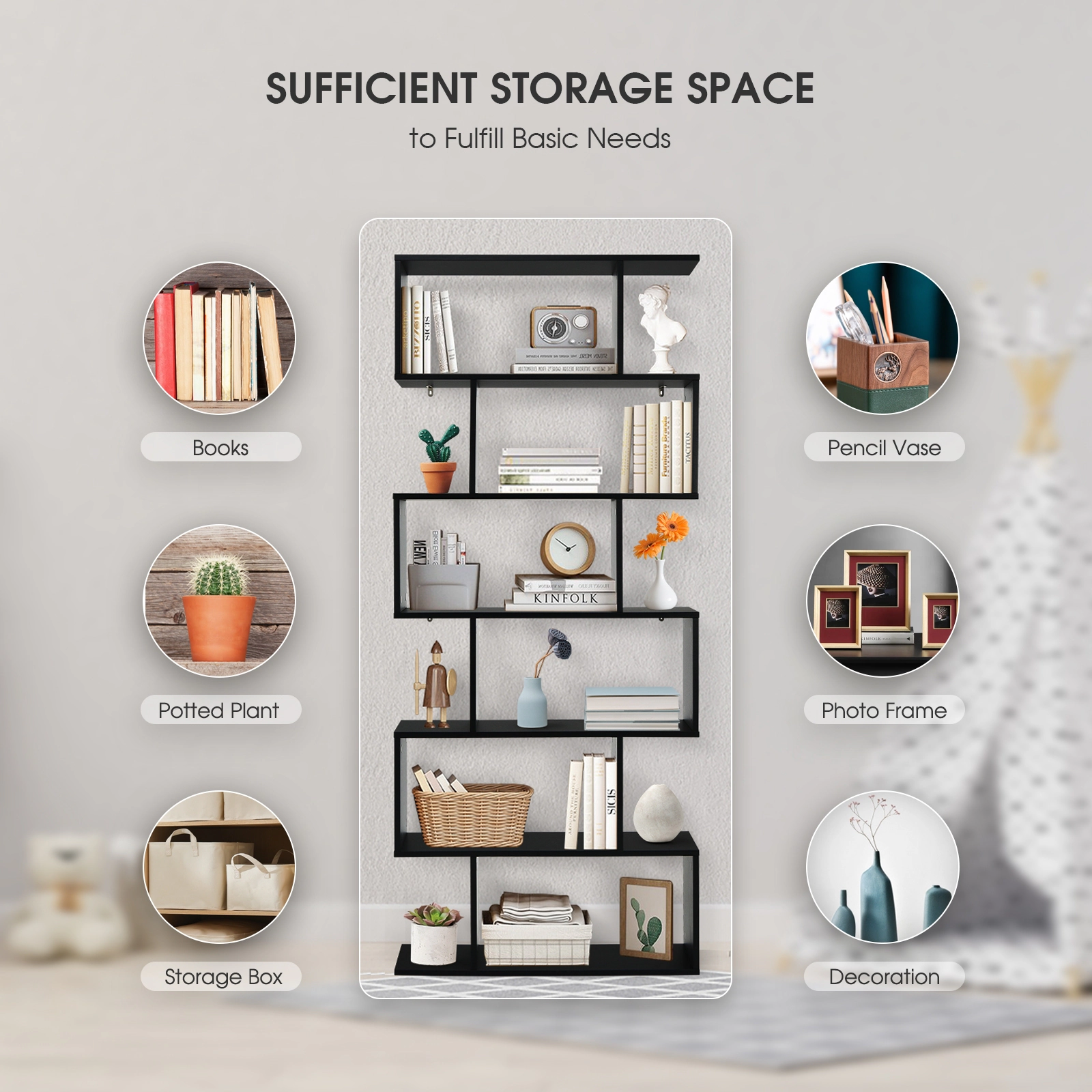 SUGIFT Black 6-Tier S-Shaped Bookshelf 75 in Tall Z-Shelf Display Bookcase
