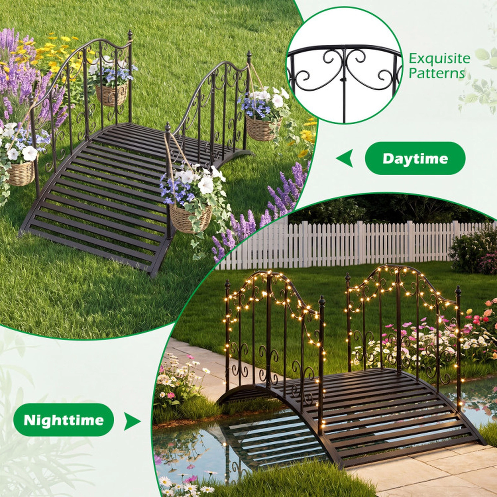 SUGIFT 3.9-ft 330-lb Capacity Black Arched Metal Garden Bridge with Dual Patterned Scrollwork Side Rails