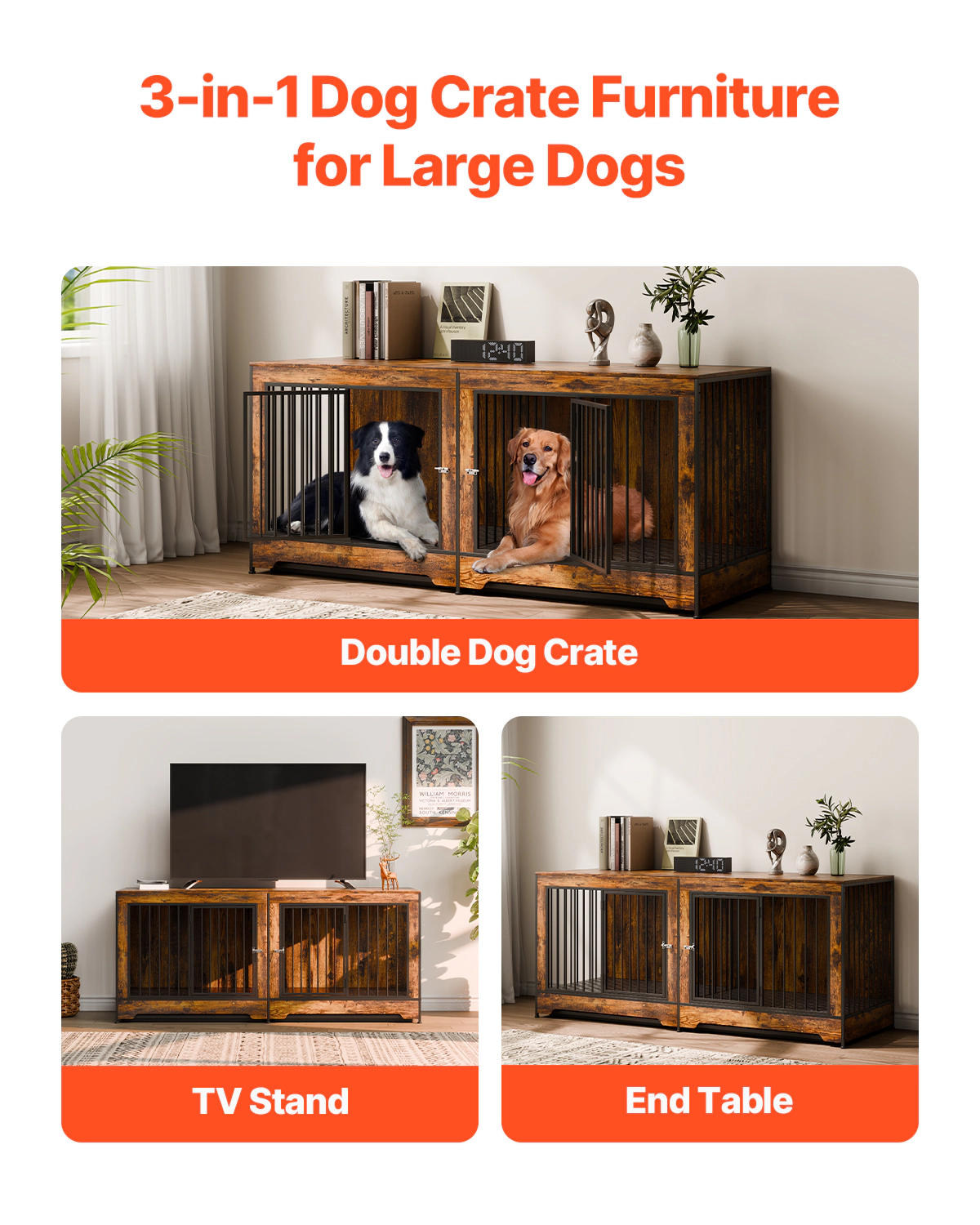 HONGGE 75 in Wooden Dog Crate Furniture with Divider for 2 Dogs, Double-Door TV Stand & End Table, Brown