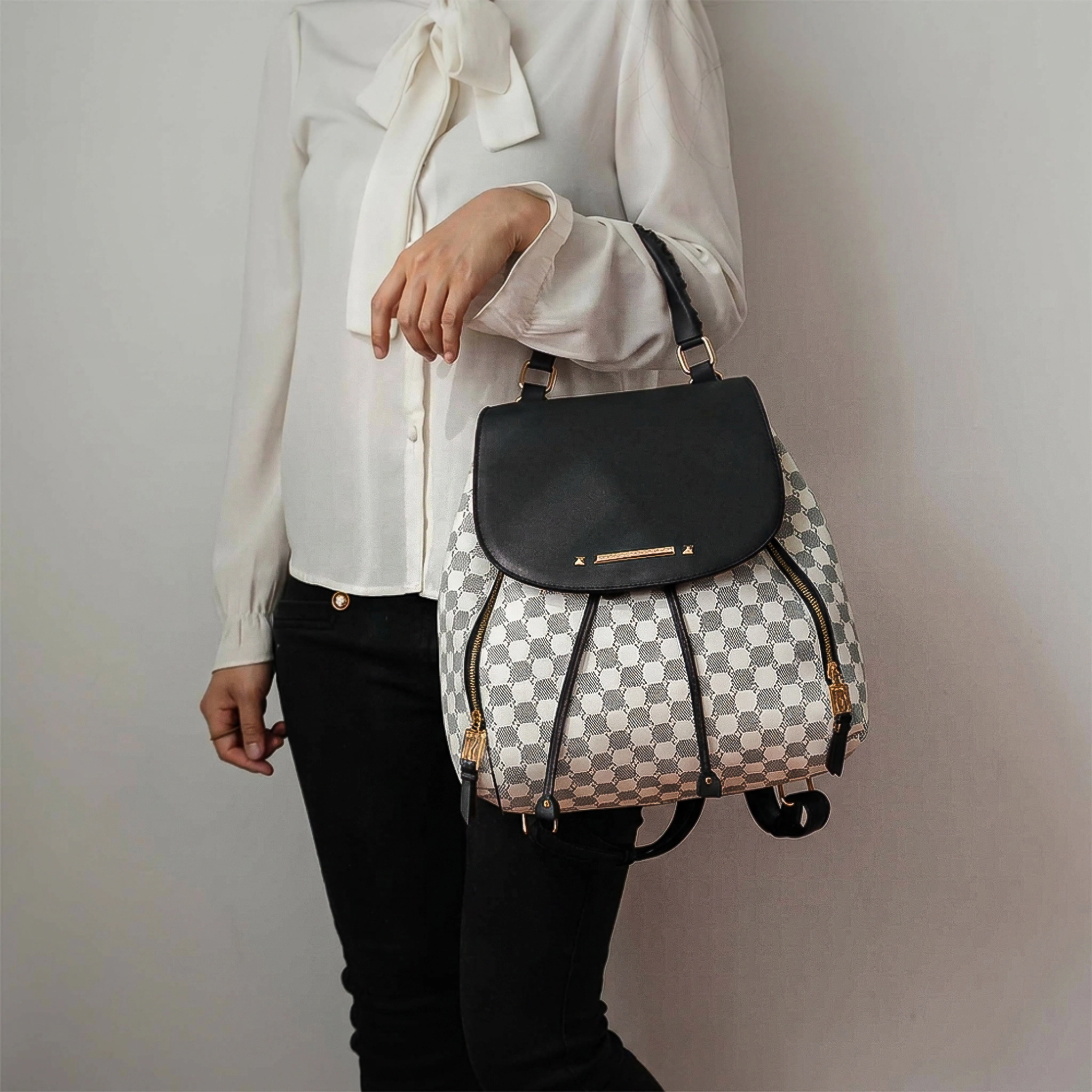 Mia K Collection Kimberly Vegan Leather Backpack, Circular Print, Gold Hardware