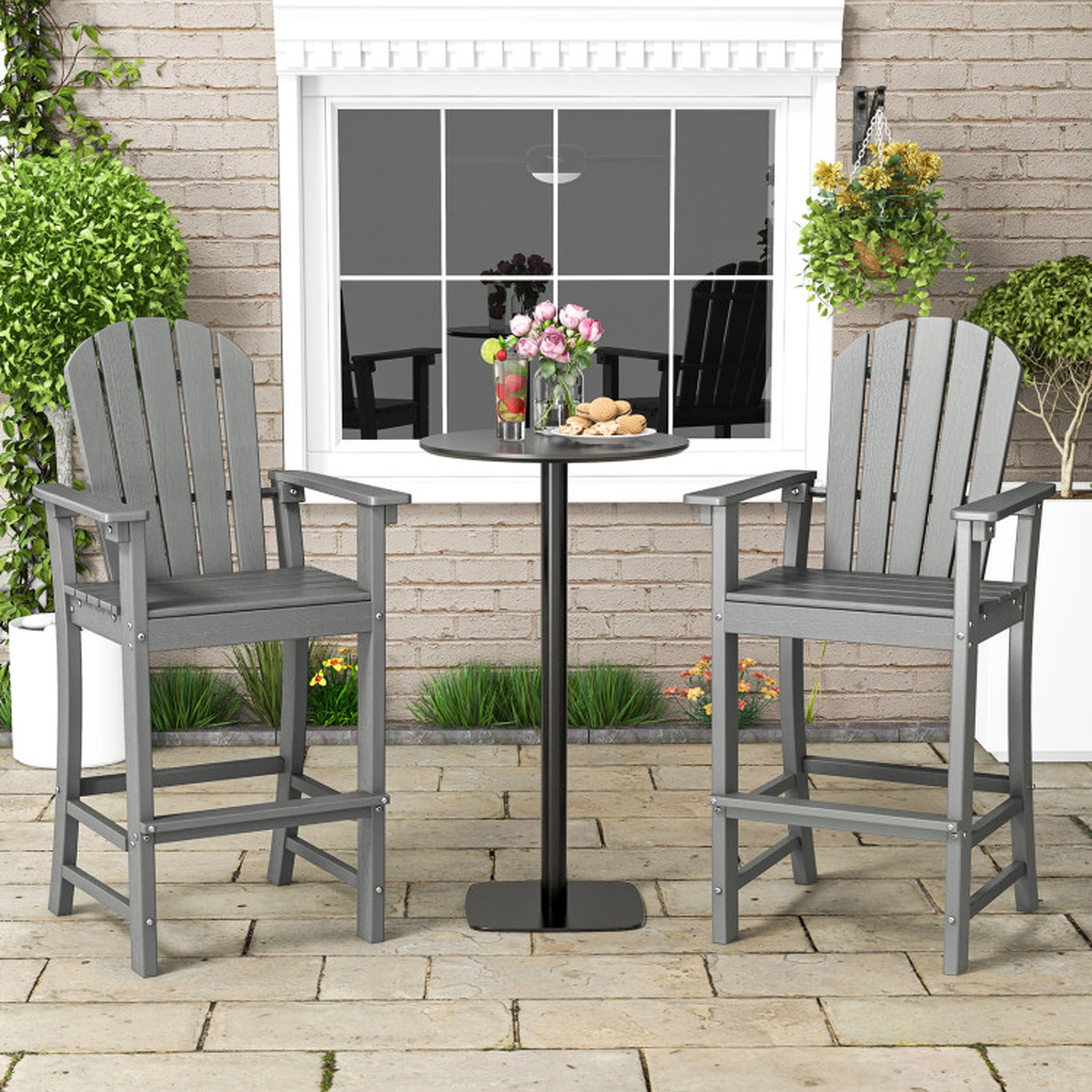 SUGIFT Armrests and Footrest Set of 2 Counter Height Outdoor HDPE Bar Stools