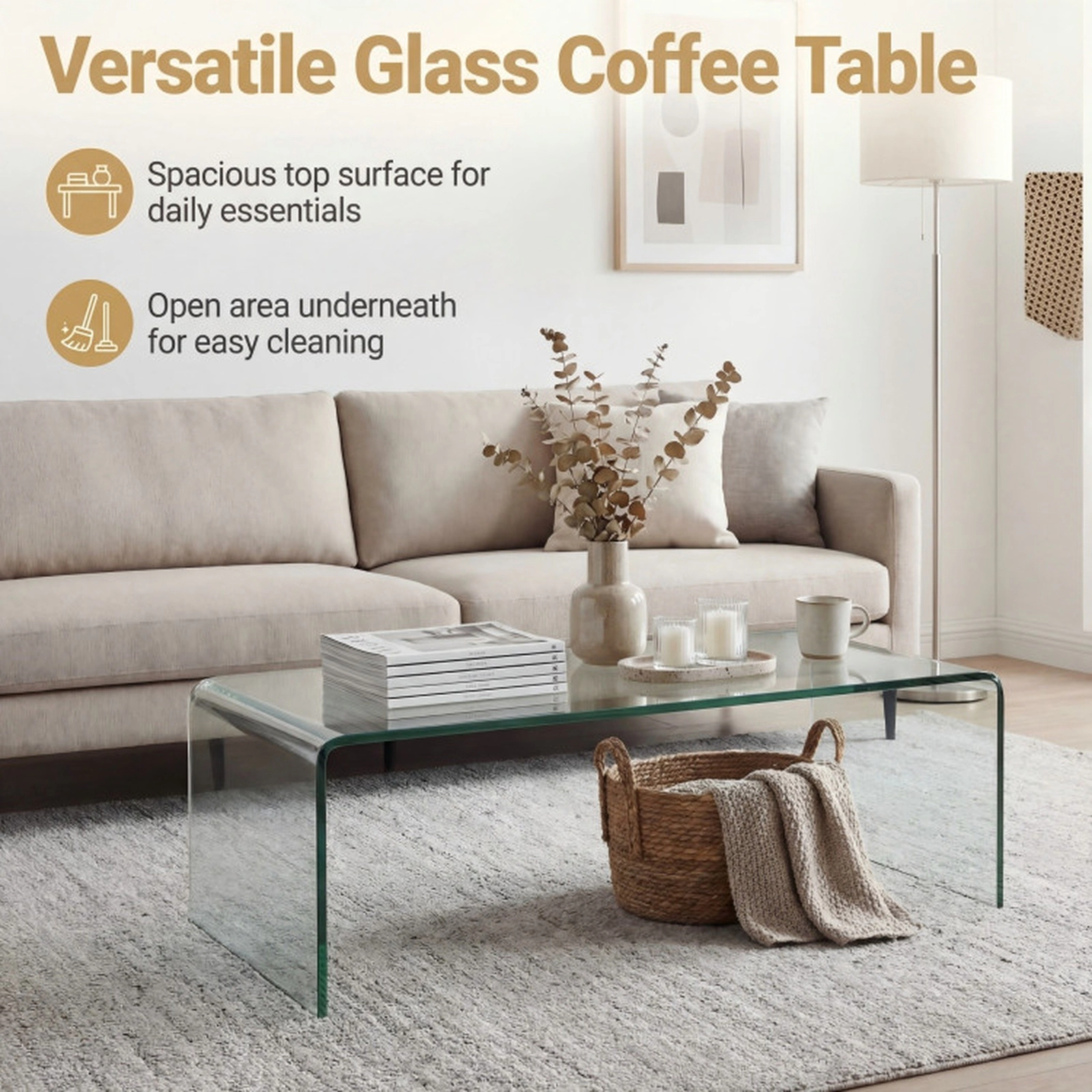 SUGIFT 40-in by 19.5-in 300-lb Capacity Clear Tempered Glass Coffee Table with Smooth Rounded Edges