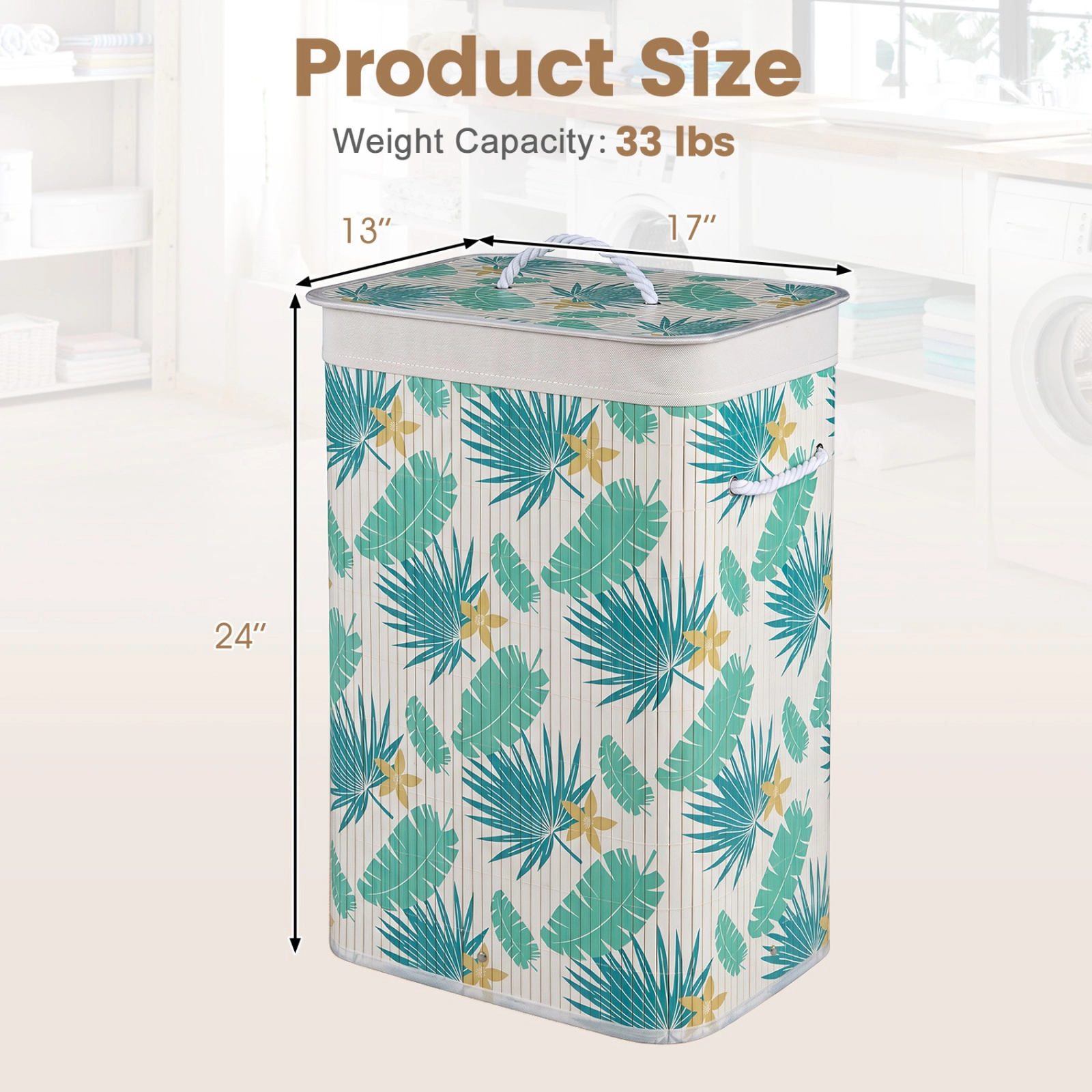 SUGIFT Bamboo Clothes Hamper with Removable Liner 33-lb Capacity Green and White Natural