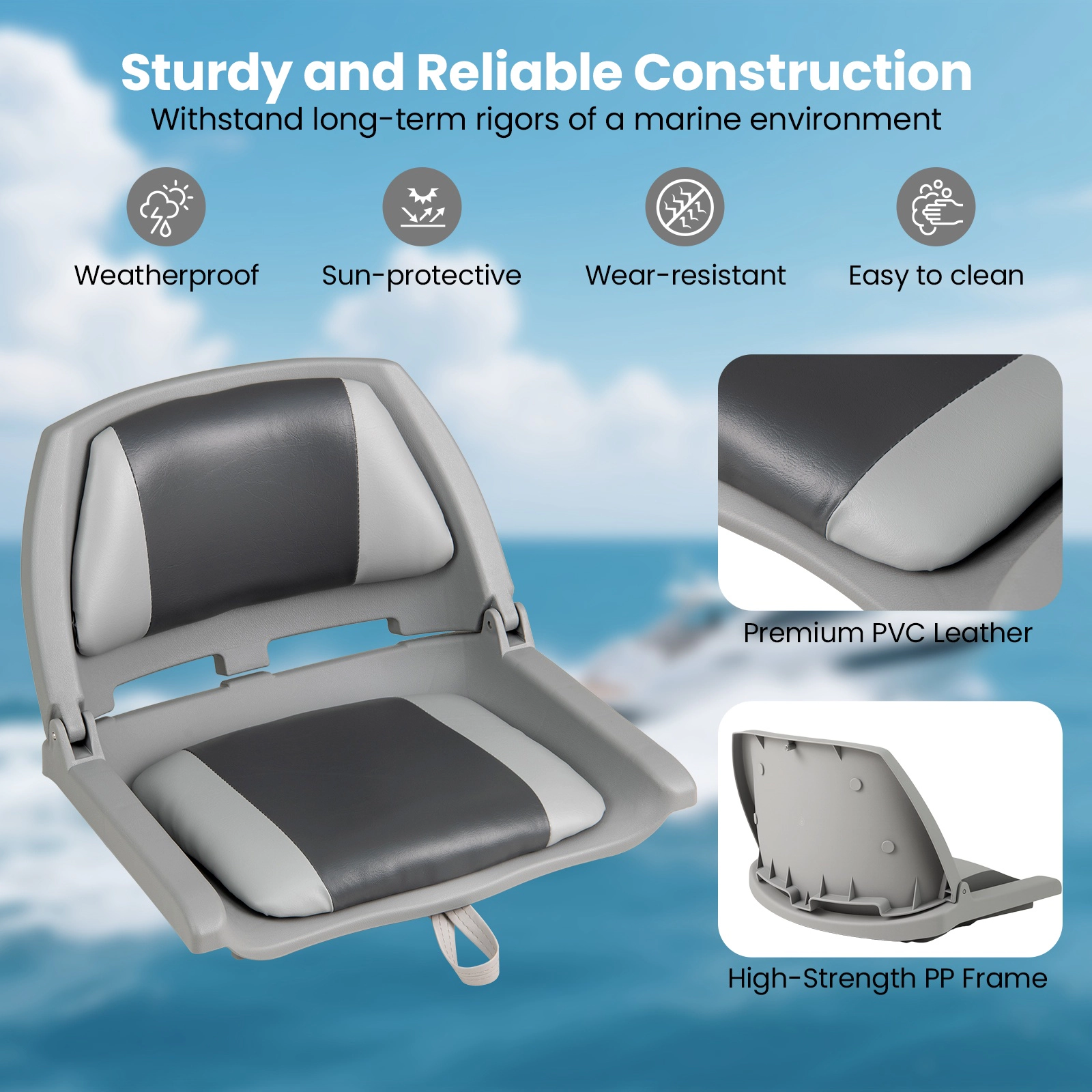 SUGIFT White Folding Low Back Boat Chair with Marine Grade PVC 20-in W 19.5-in D 15.5-in H 330-lb Seat Capacity