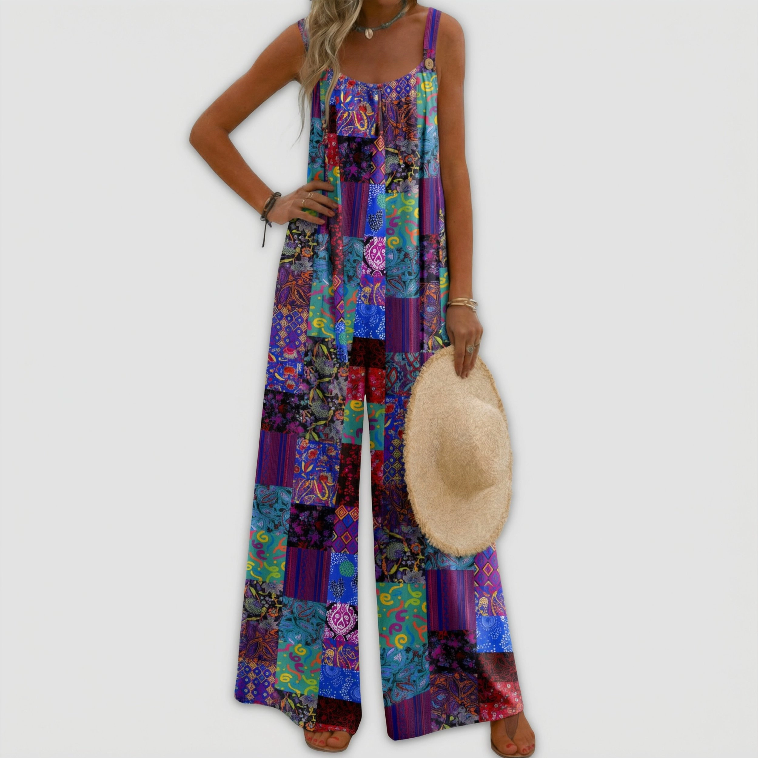 Ekouaer Women's Sleeveless Square Neck Printed Wide Leg Jumpsuit