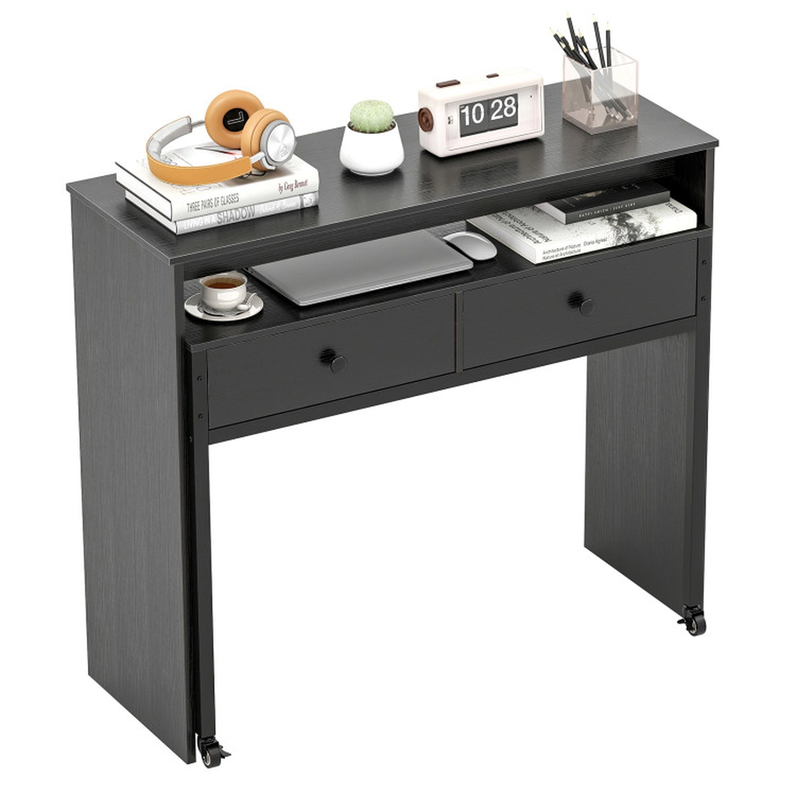 SUGIFT Black 2 Drawers Monitor Shelf and Rolling Desktop Extendable Computer Desk