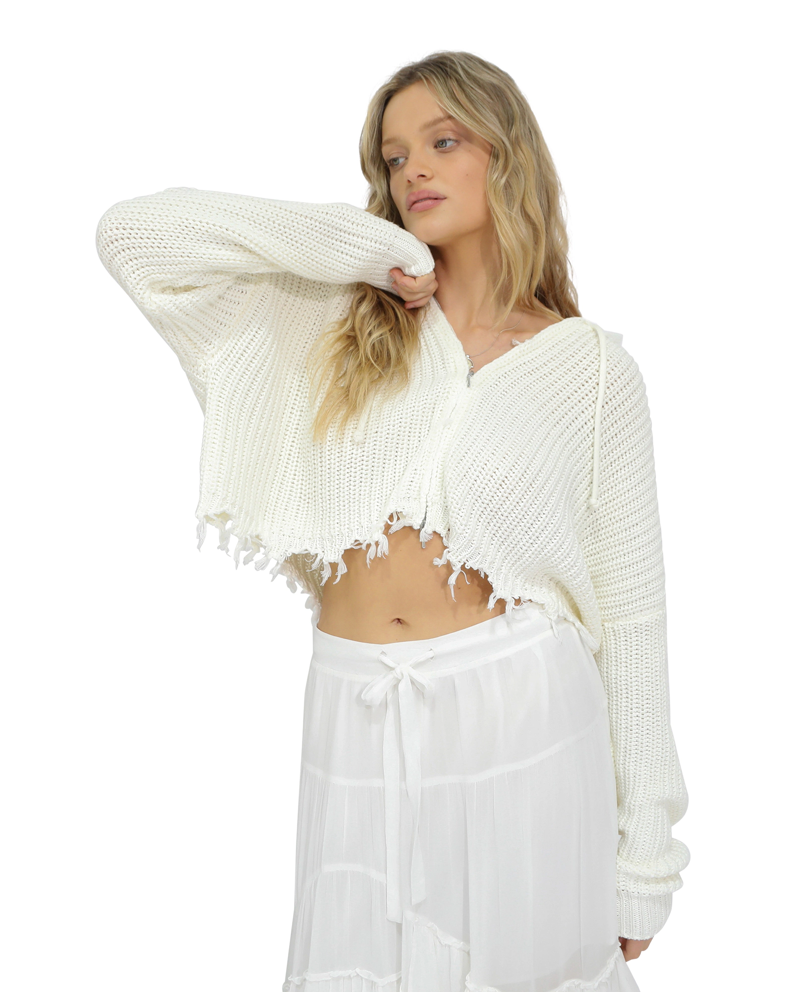 Belle & Bloom Womens Another Love Fringe Zip Knit