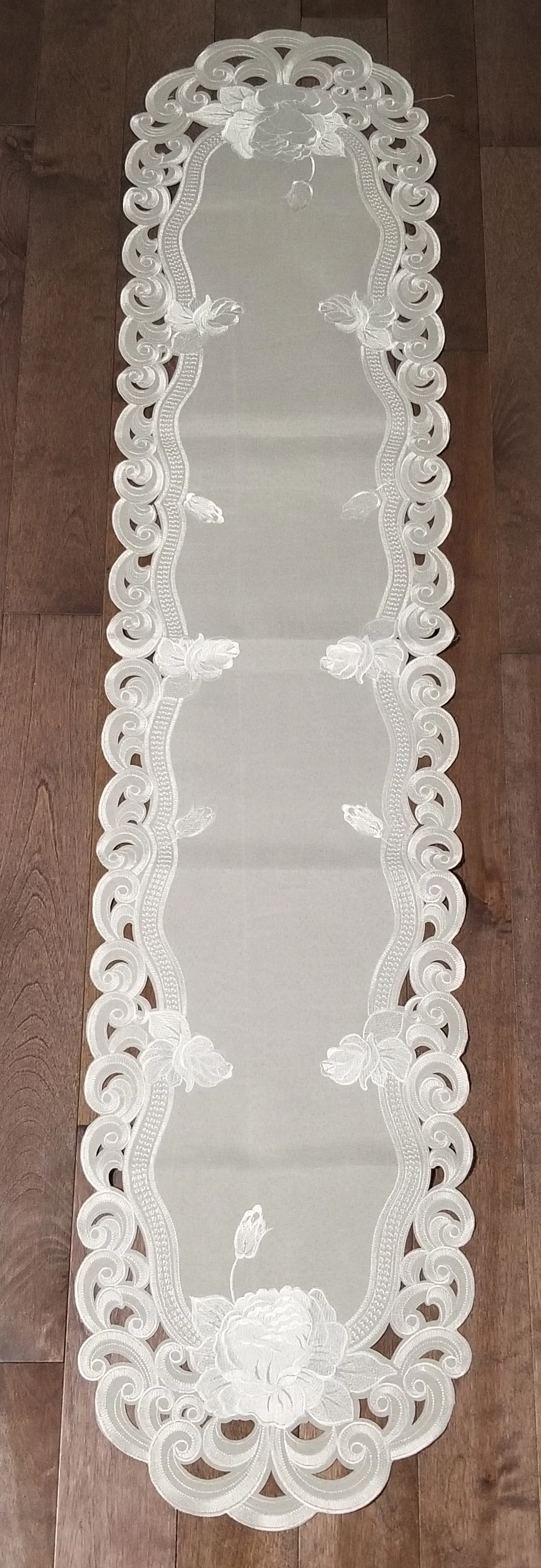 Jiallo Silver Rose Embroidered Cutwork Rectangular Table Runner, 16 by 72  inch