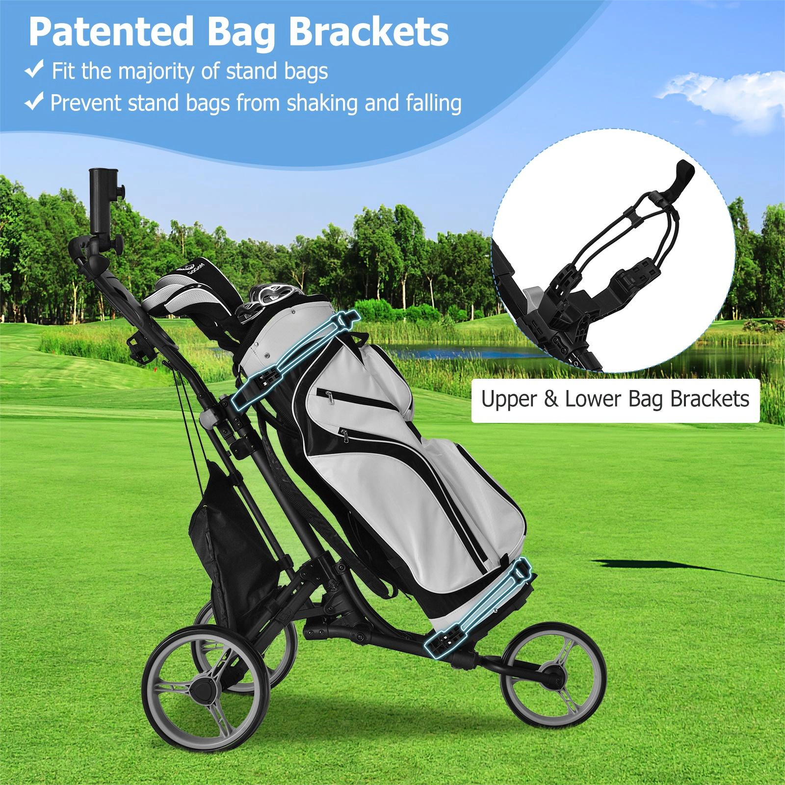 SUGIFT Folding 3-Wheel Golf Push Cart for Golf Bags Scoreboard & Adjustable Handle 30-lb Capacity 47.5-in Frame Gray