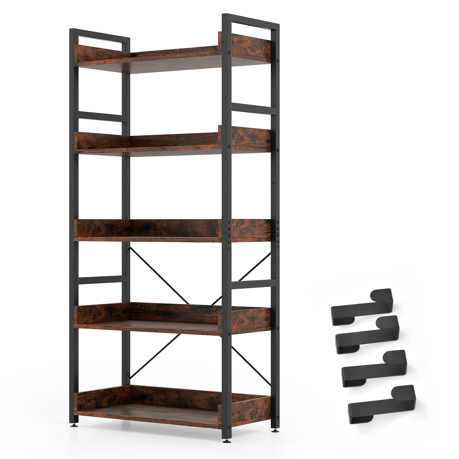 SlickBlue 5 Tier Bookshelf with Hooks and Metal Frame for Living Room Storage