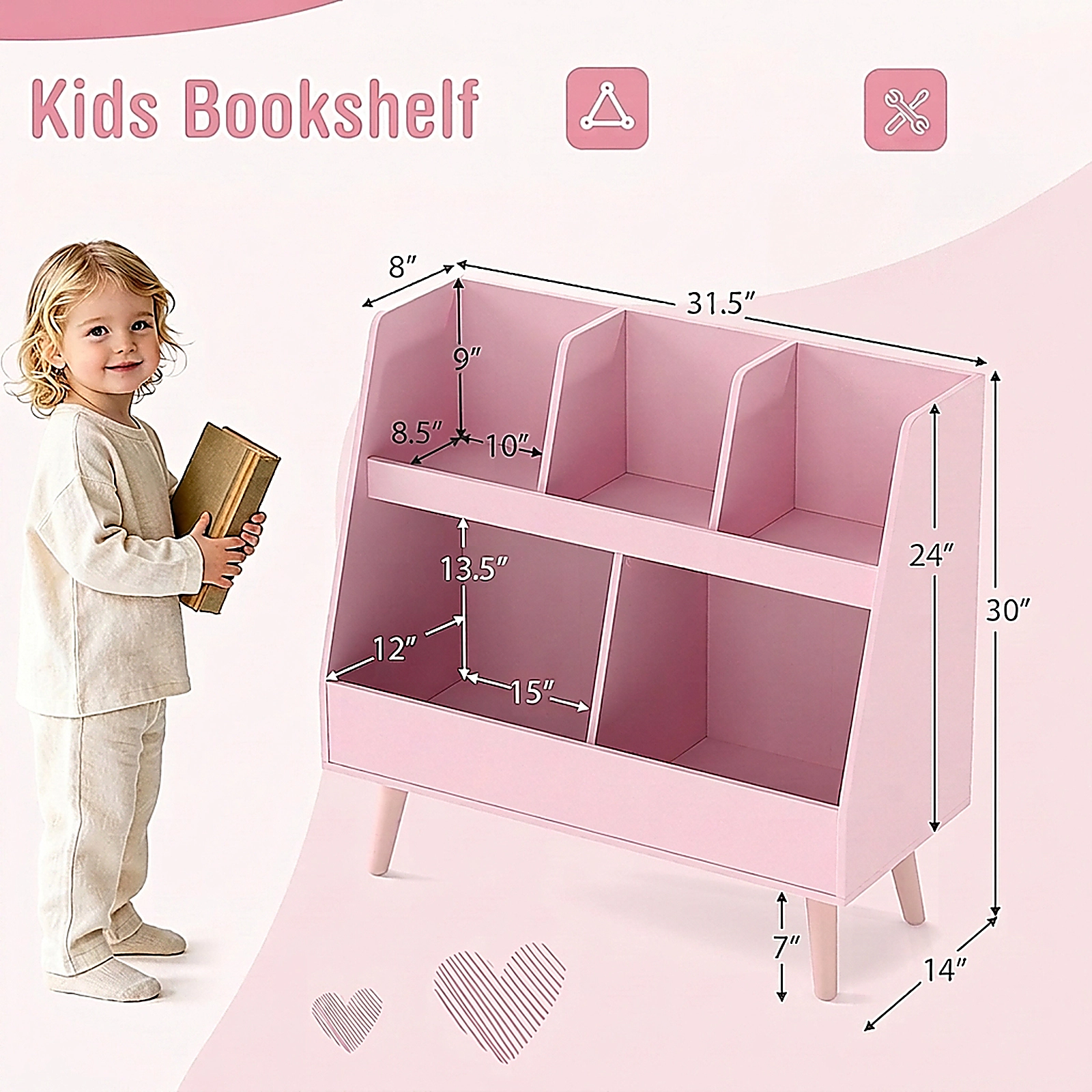 SUGIFT 5-Cube 68-lb Capacity 30-in Pink Kids Bookshelf and Toy Organizer with Anti-Tipping Kits and Wood Legs