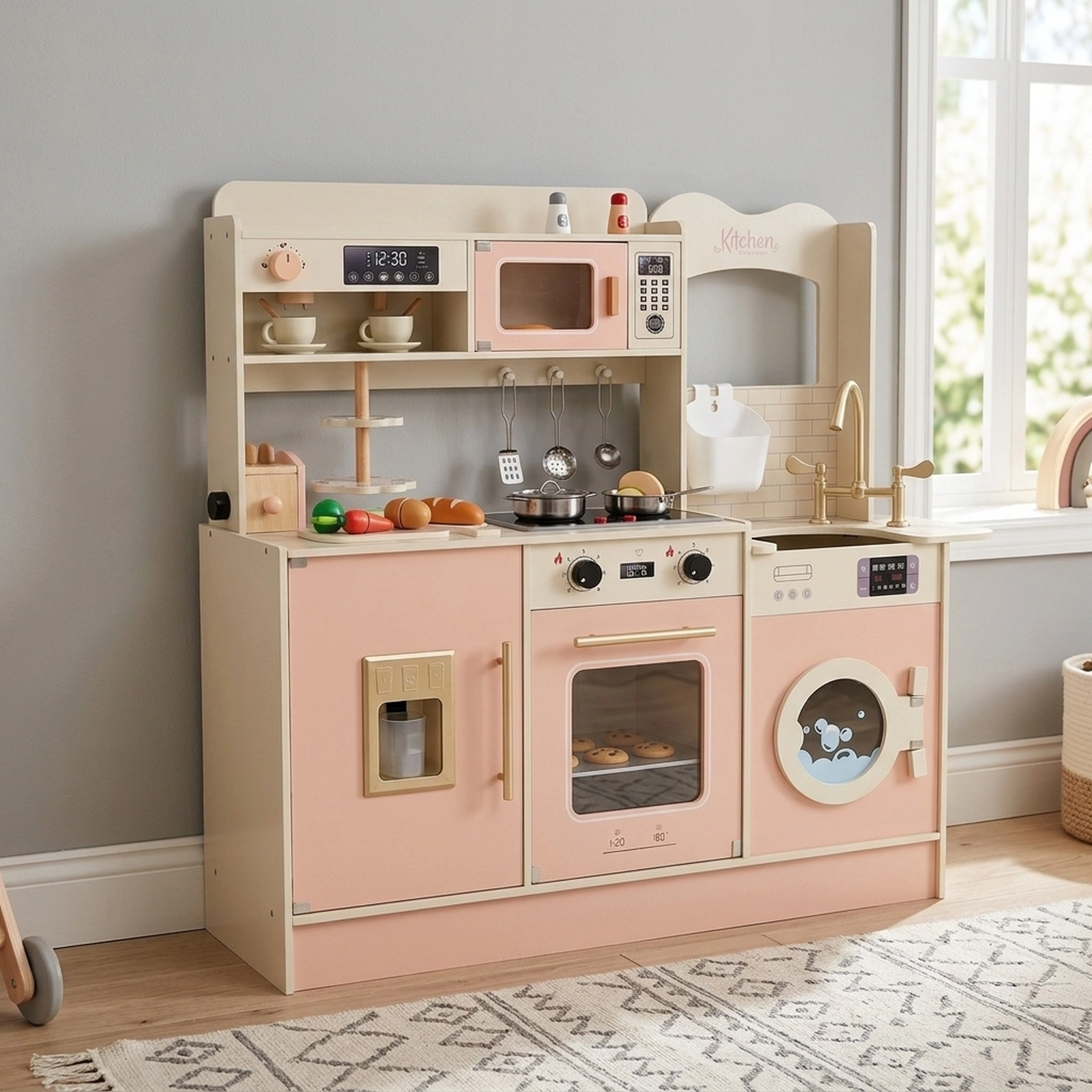 Toy Kitchen Playset Lights and Sounds 25 Accessories Dessert Rack Detachable Sink 39.5-in Kids Play Kitchen Ages 3+ Pink