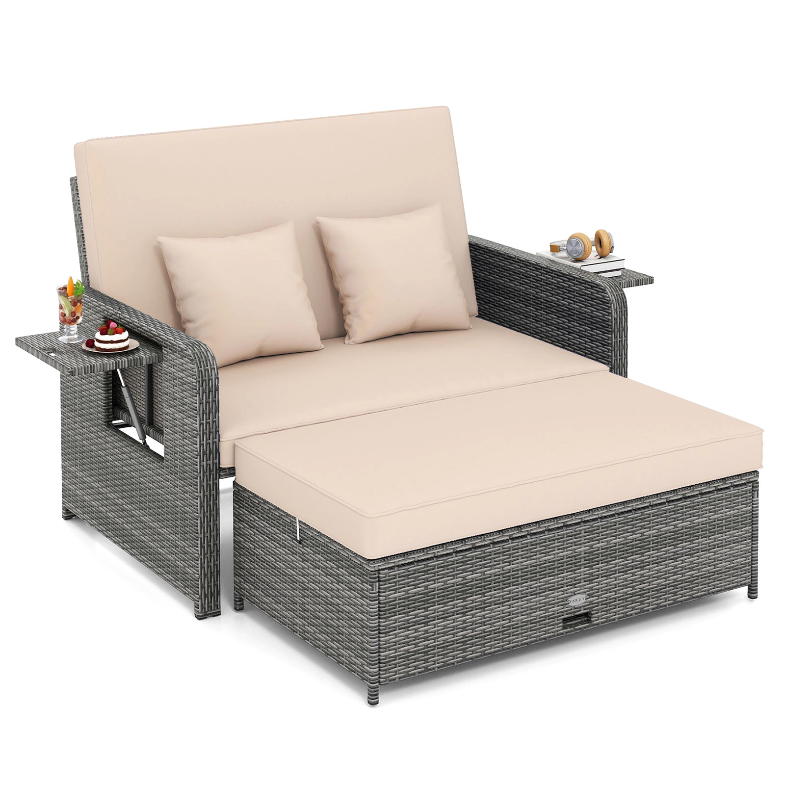 LJG Wicker Loveseat Sofa with Multipurpose Ottoman and Retractable Side Tray