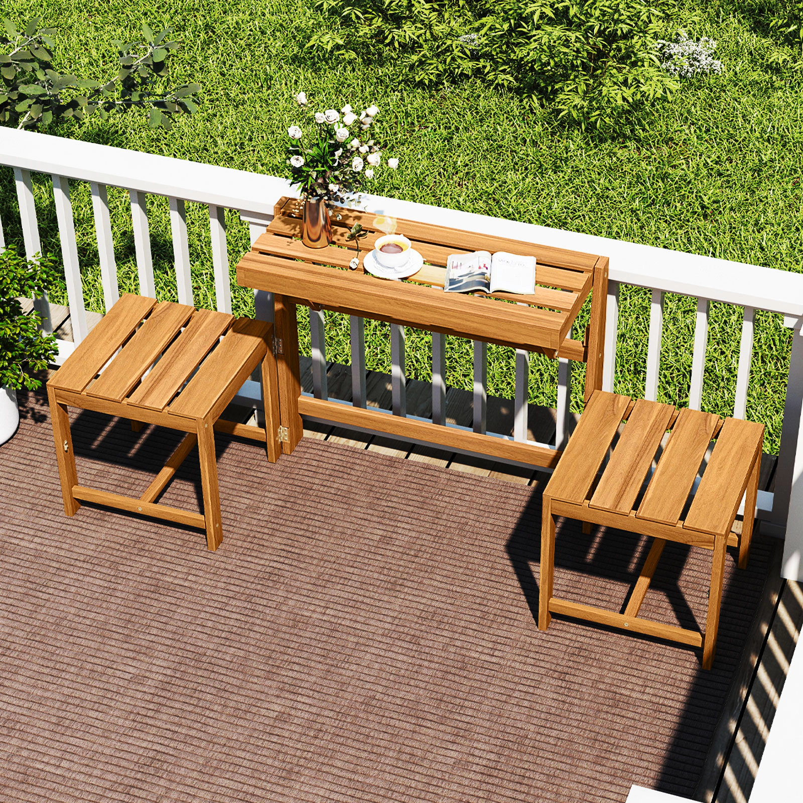 SUGIFT 3-in-1 Convertible Outdoor Loveseat Bench Slatted Seat 400-Lb Capacity per Seat 165-Lb Tabletop Capacity Natural