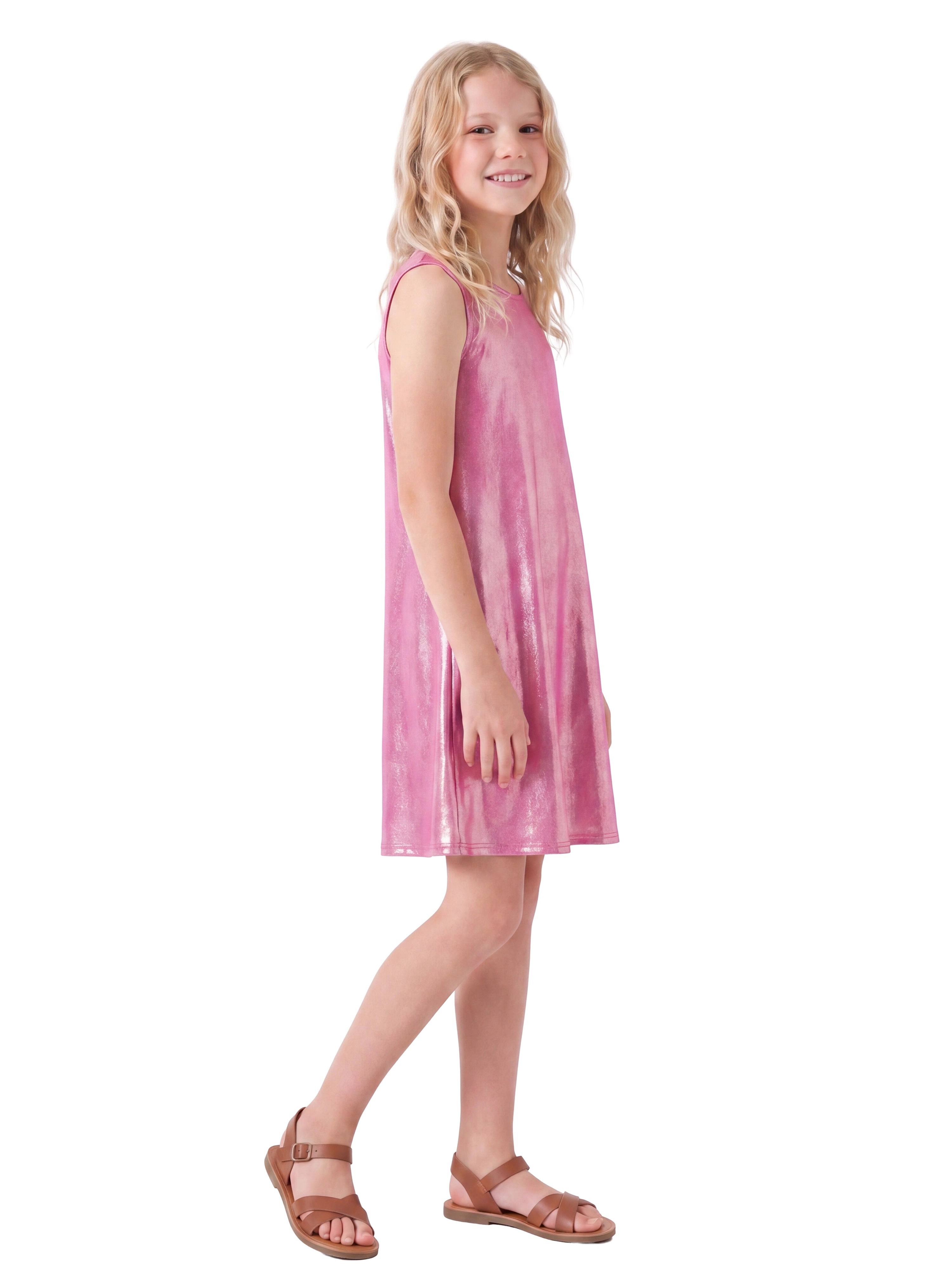 24sevenKid Essential Girls Pink Shimmery Metallic Sleeveless A Line Dress