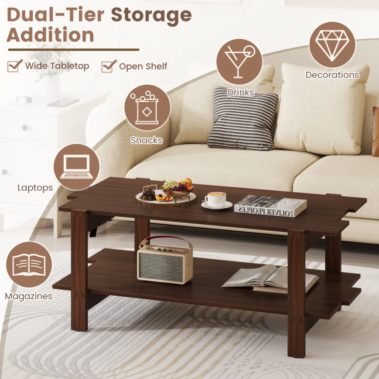 SUGIFT 2-Tier Slatted Engineered Wood Open Storage Coffee Table 45-in x 23.5-in x 18.5-in 135-lb per Shelf Walnut