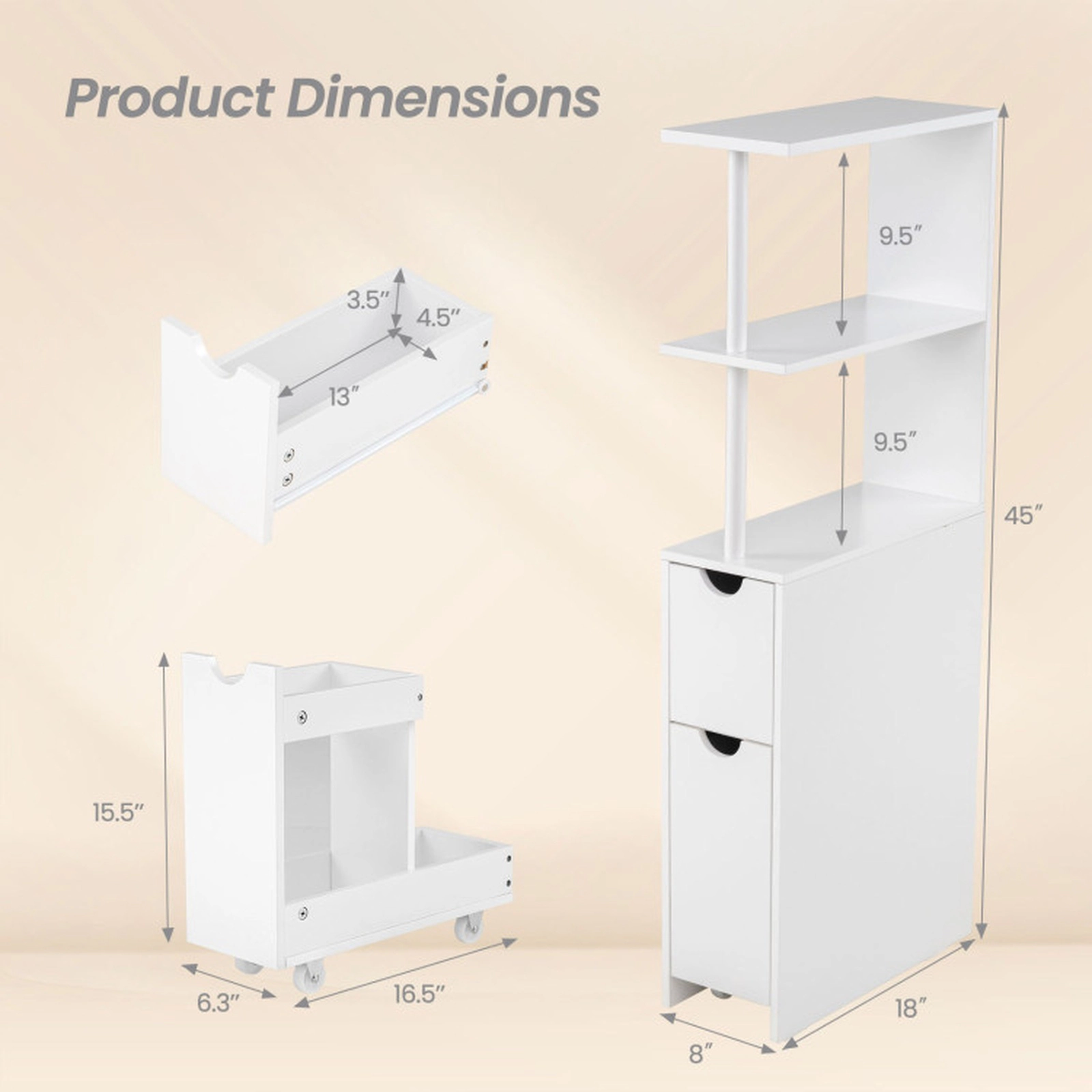SUGIFT Slim 3 Open Shelves Drawer Slide-Out Cart Bathroom Storage Cabinet 18-in x 8-in x 45-in 66-lb Capacity White