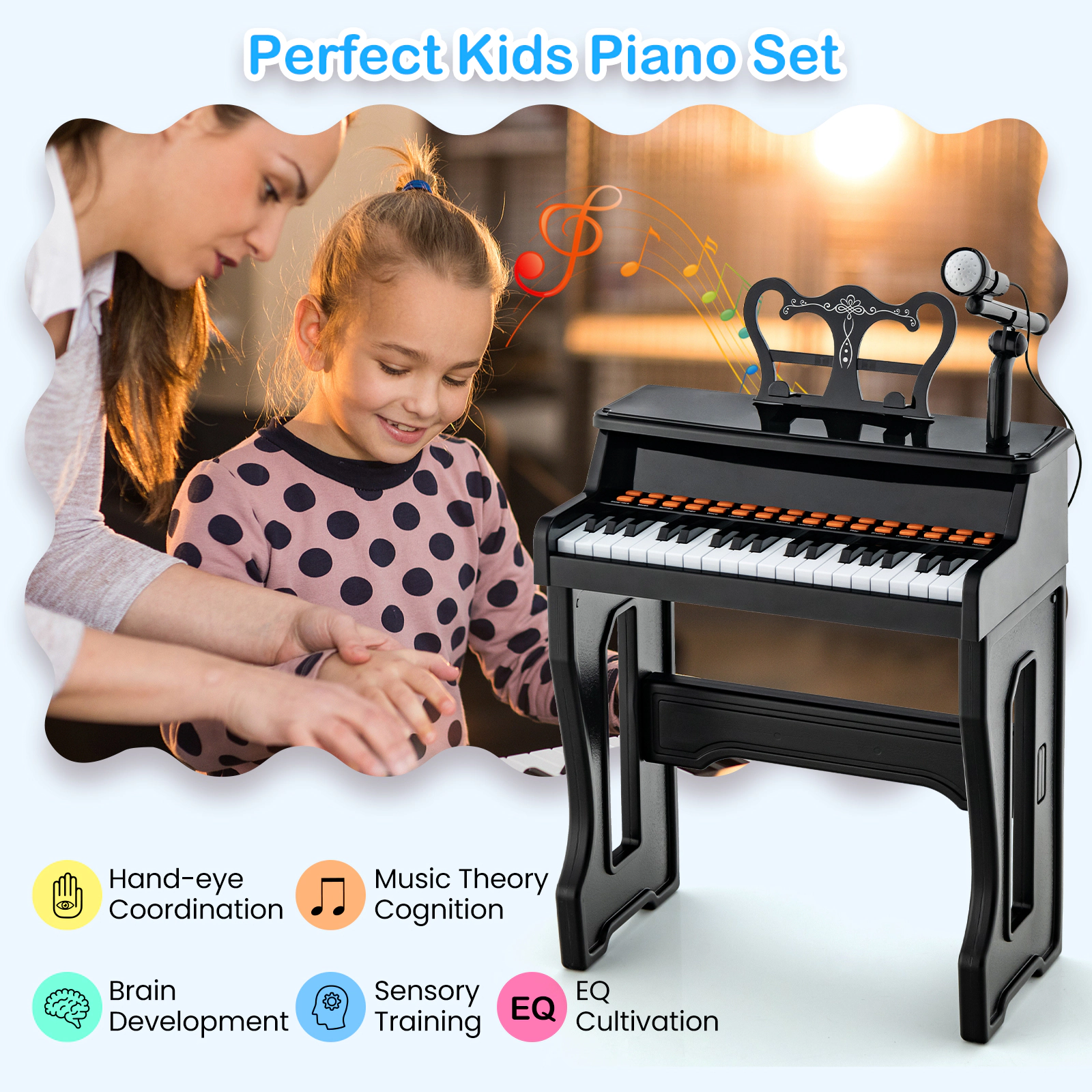 SUGIFT Black 37-Key 110-lb Stool Capacity Kids Piano Keyboard with Microphone and Detachable Music Stand