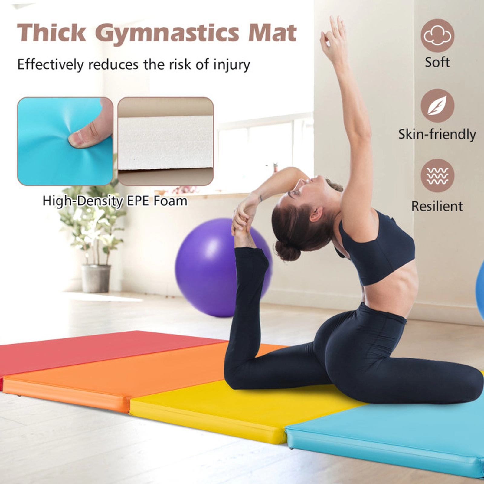 SUGIFT Kids Multicolor 5-Panel Folding Gymnastics Mat with 2 Carry Handles 79-in W 29.5-in D 1.2-in H