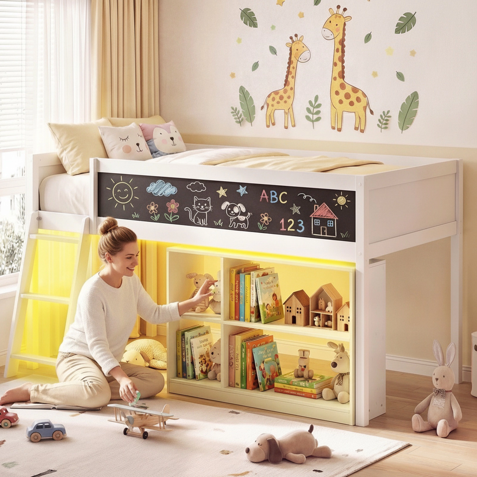 SUGIFT Twin Low Loft Bed with RGB LED Lights, Rolling Bookcase and Chalkboard, White