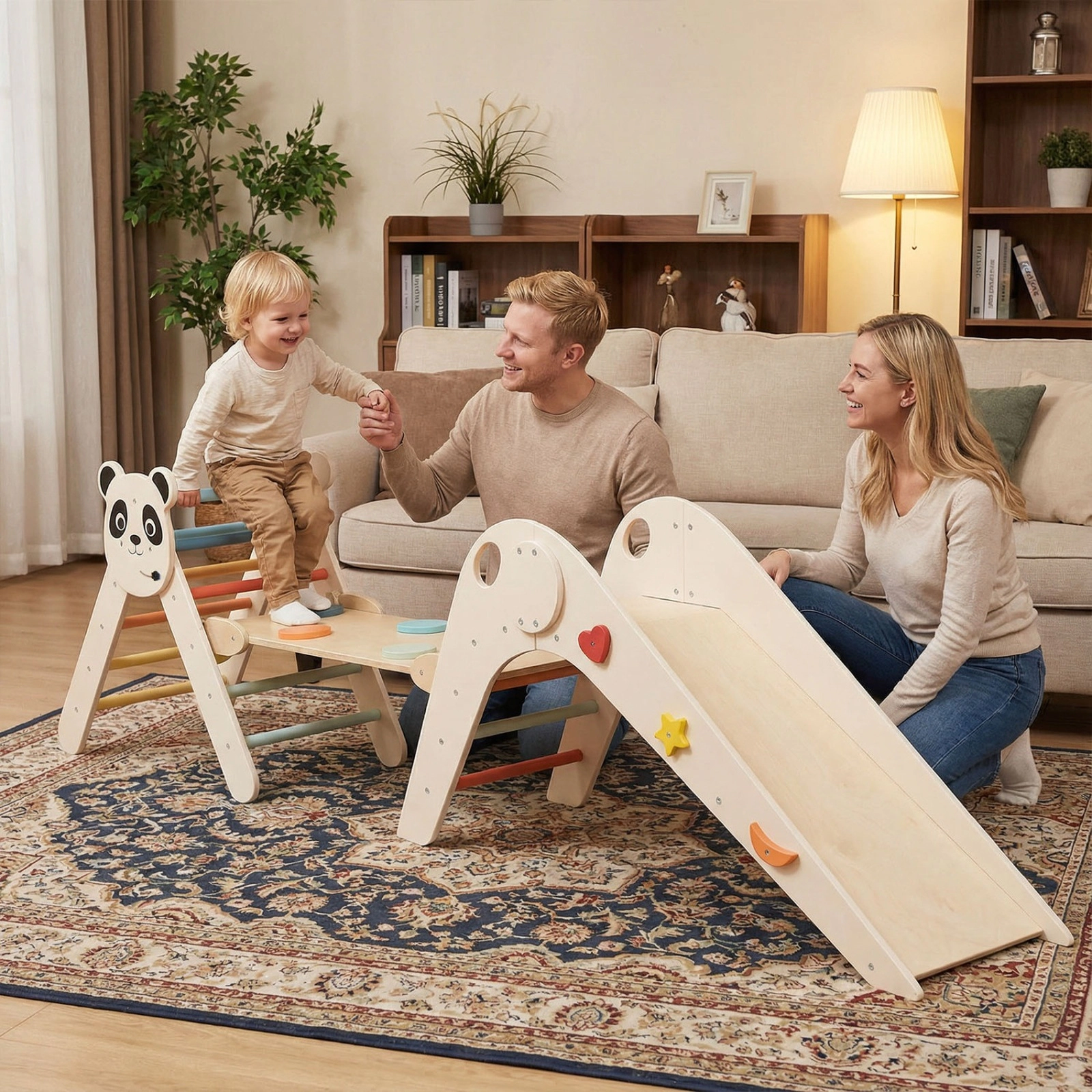 SUGIFT Foldable Montessori Triangle Climbing Set with Slide and Bridge 110-lb Capacity Ages 3+ White/Beige/Natural