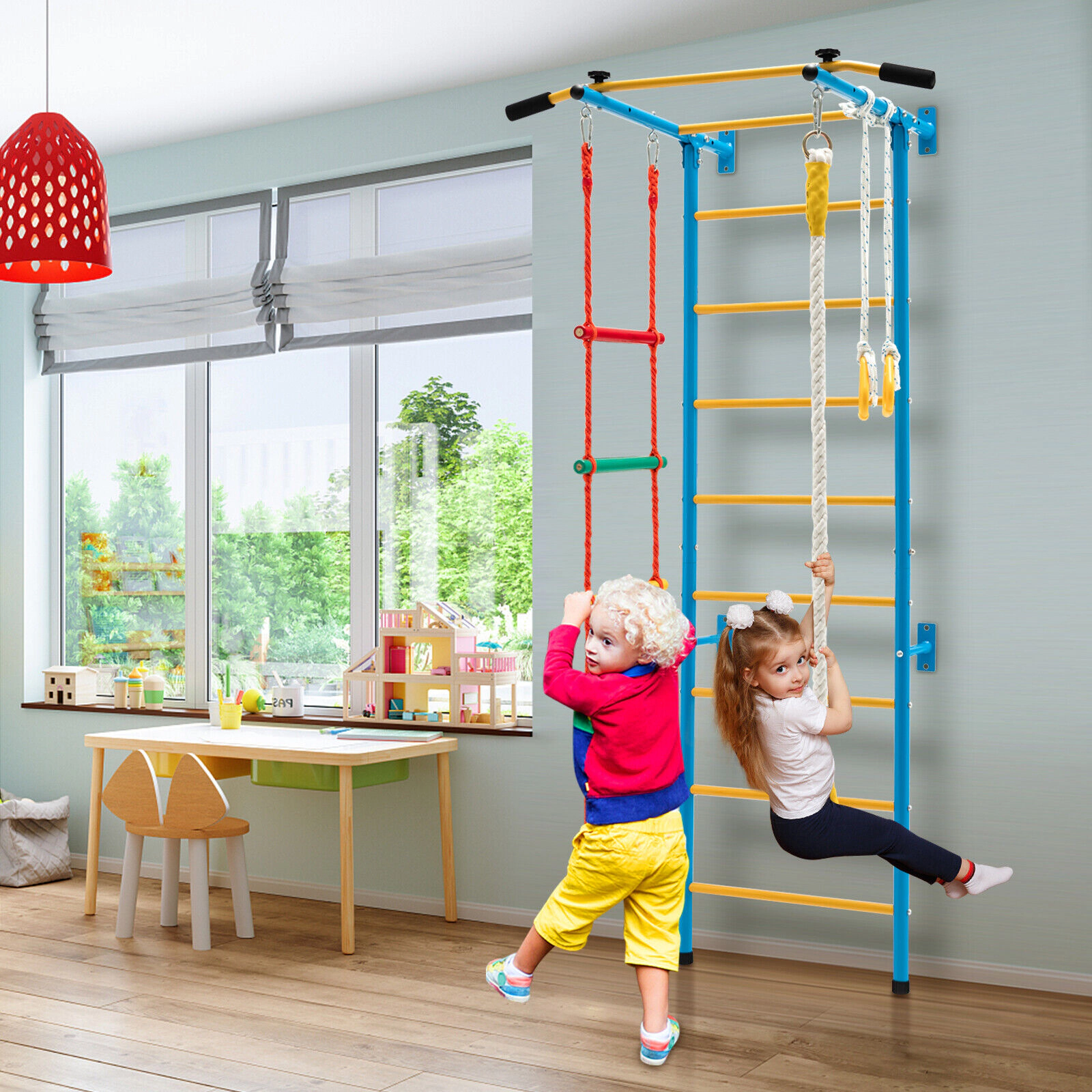 SUGIFT Yellow Pull-Up Bar and Gymnastic Rings 7-in-1 Kids Indoor Gym Swedish Wall Ladder