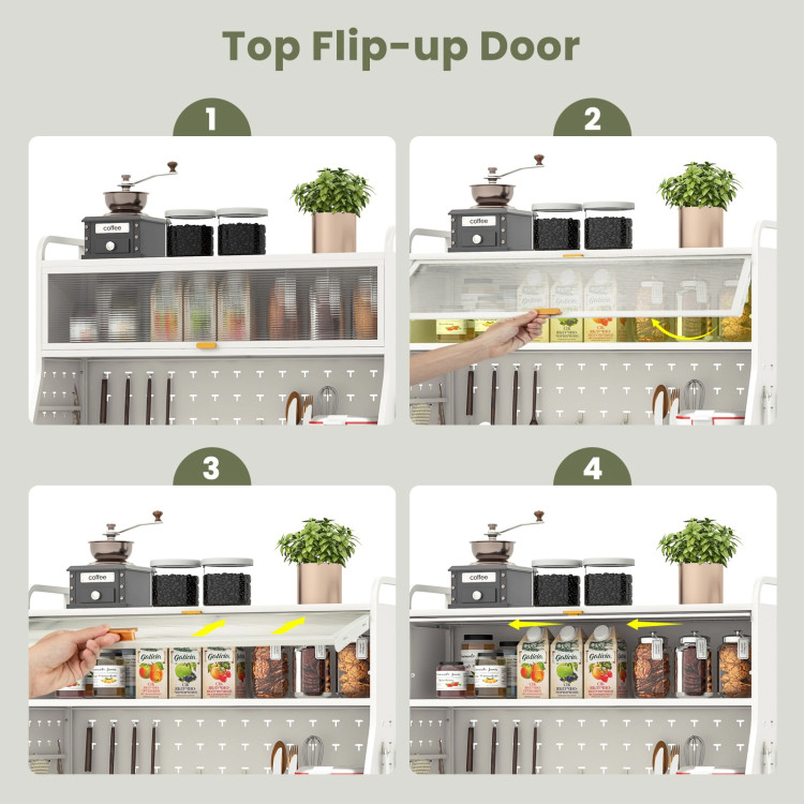 SUGIFT 5-Tier Metal Sideboard Baker's Rack with Pegboard and See-through Flip-up Door 230-lb Capacity White & Gold