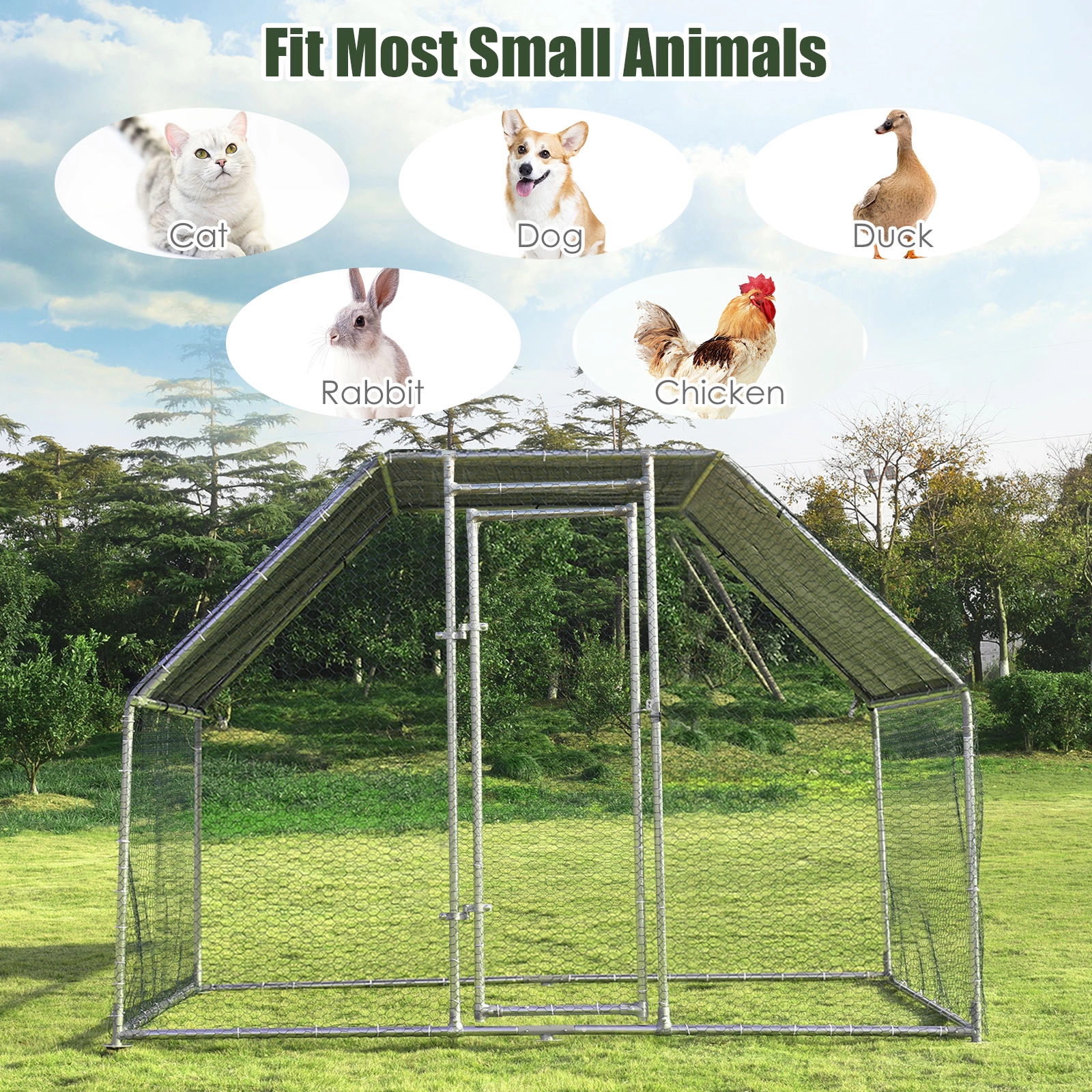 SUGIFT 9.5-ft x 6.5-ft Gray Walk-in Chicken Run Cage with PVC Coated Wire Mesh and Lockable Steel Door