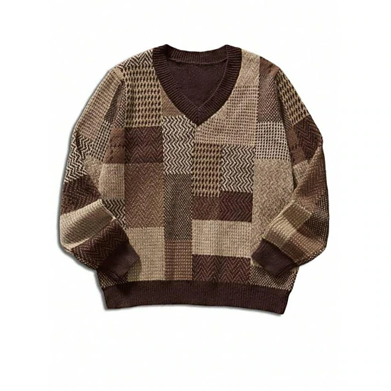 Abode Aesthetics Mens V-Neck Geometric Print Cable Knit Sweater
