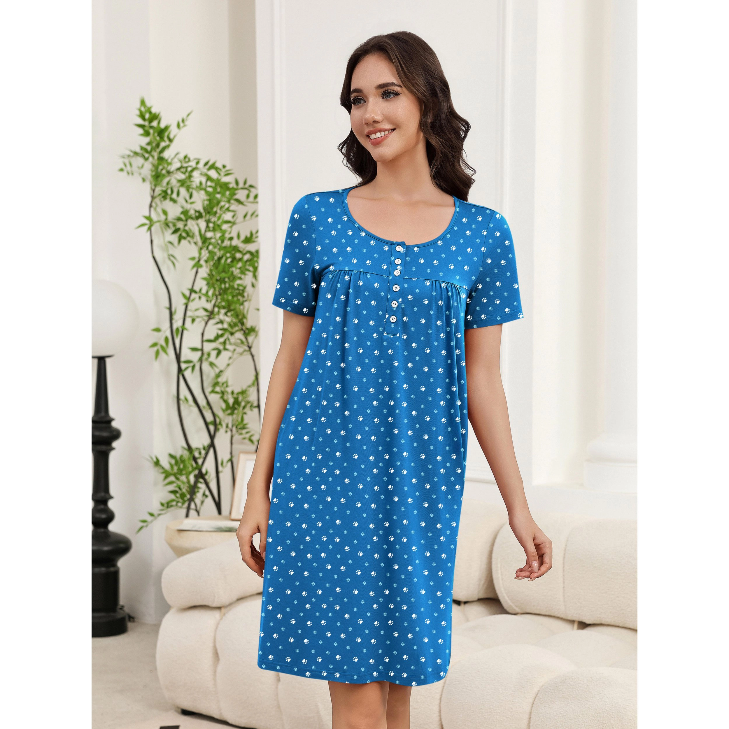 Ekouaer Women's Button Front Short Sleeve Floral House Dress with Pockets