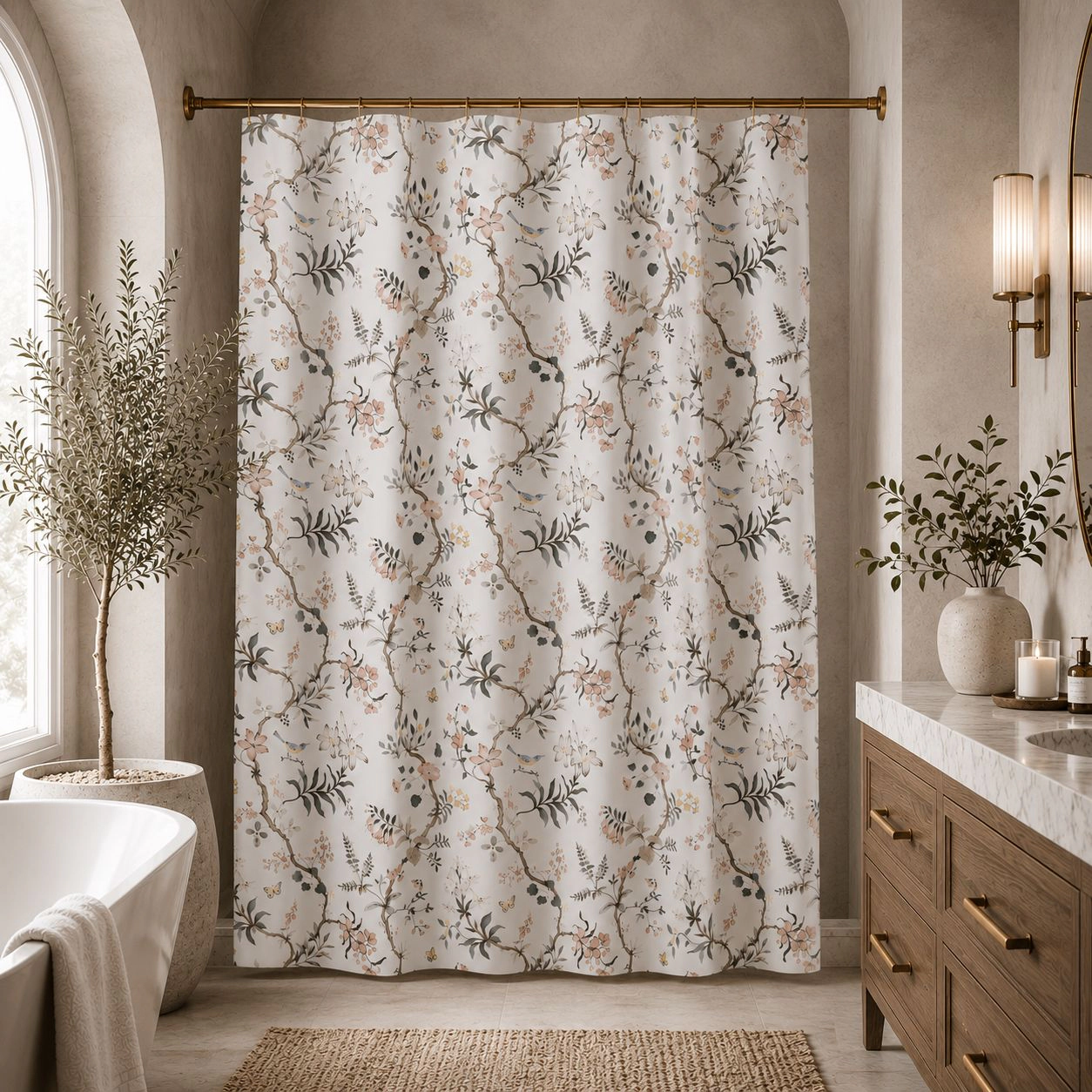 Kate Aurora Botanical Gardens & Birds Chic Fabric Shower Curtain