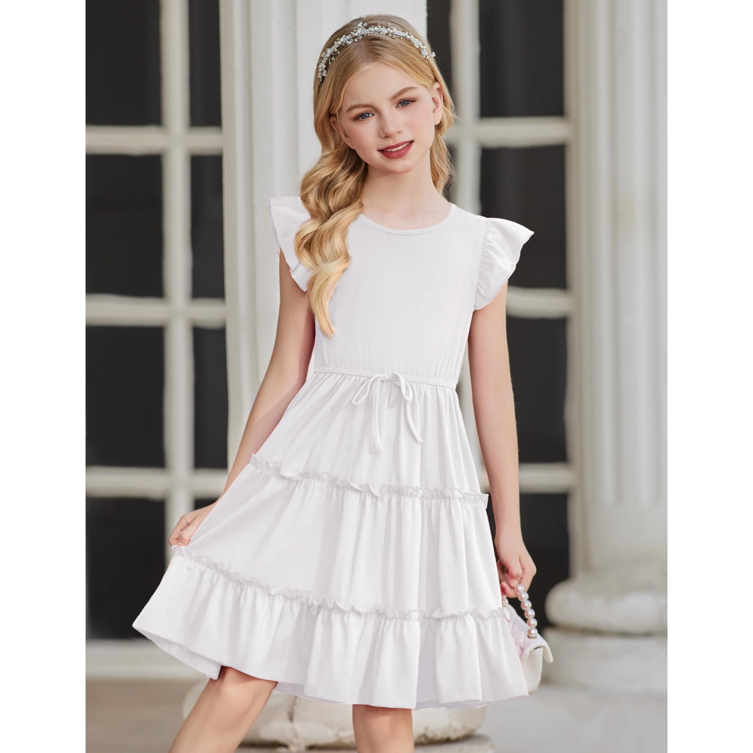 Arshiner Girls Ruffle Sleeve Dress Tiered Swing Casual Summer