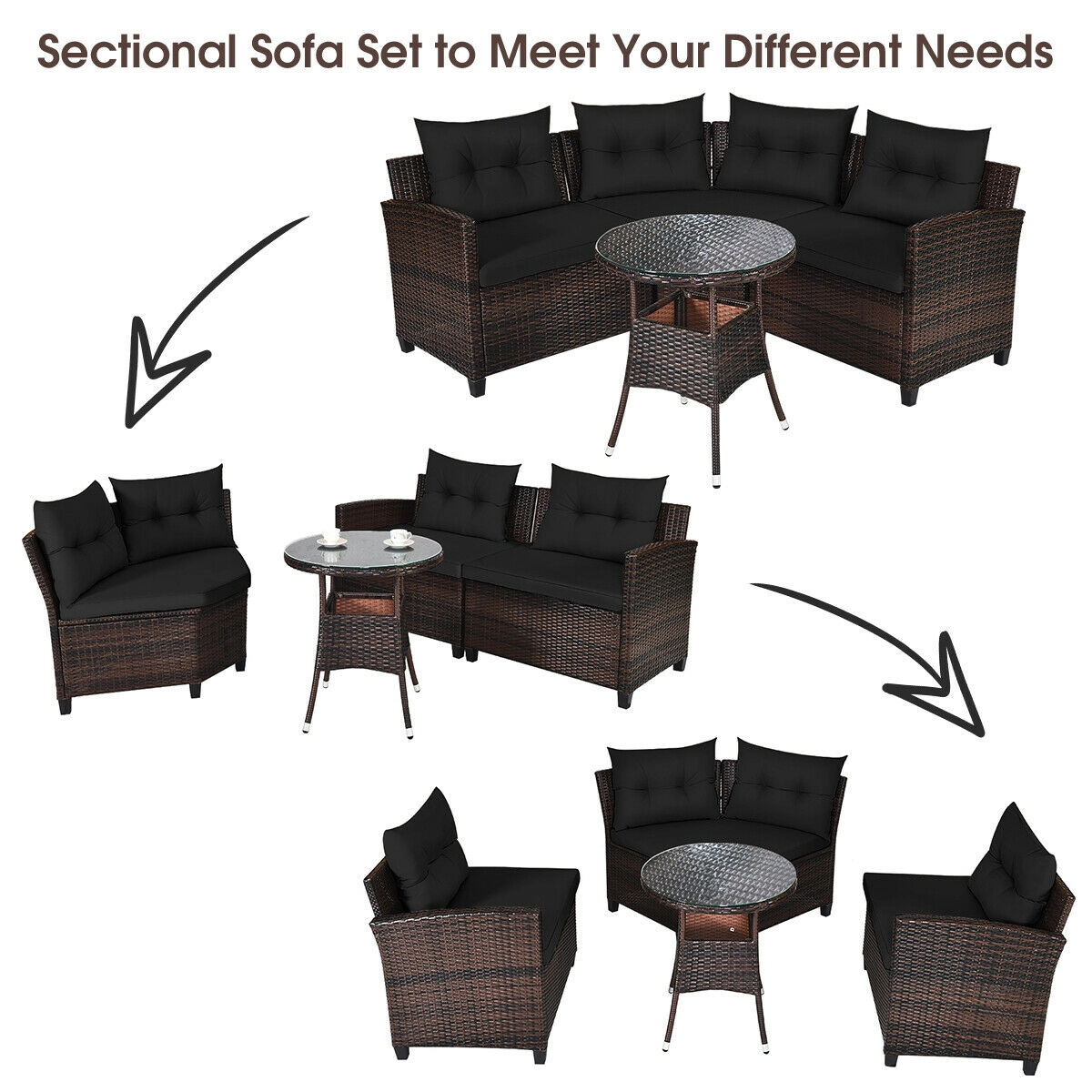 SUGIFT 4-Piece Black Rattan Patio Sectional Sofa Set with Glass Coffee Table