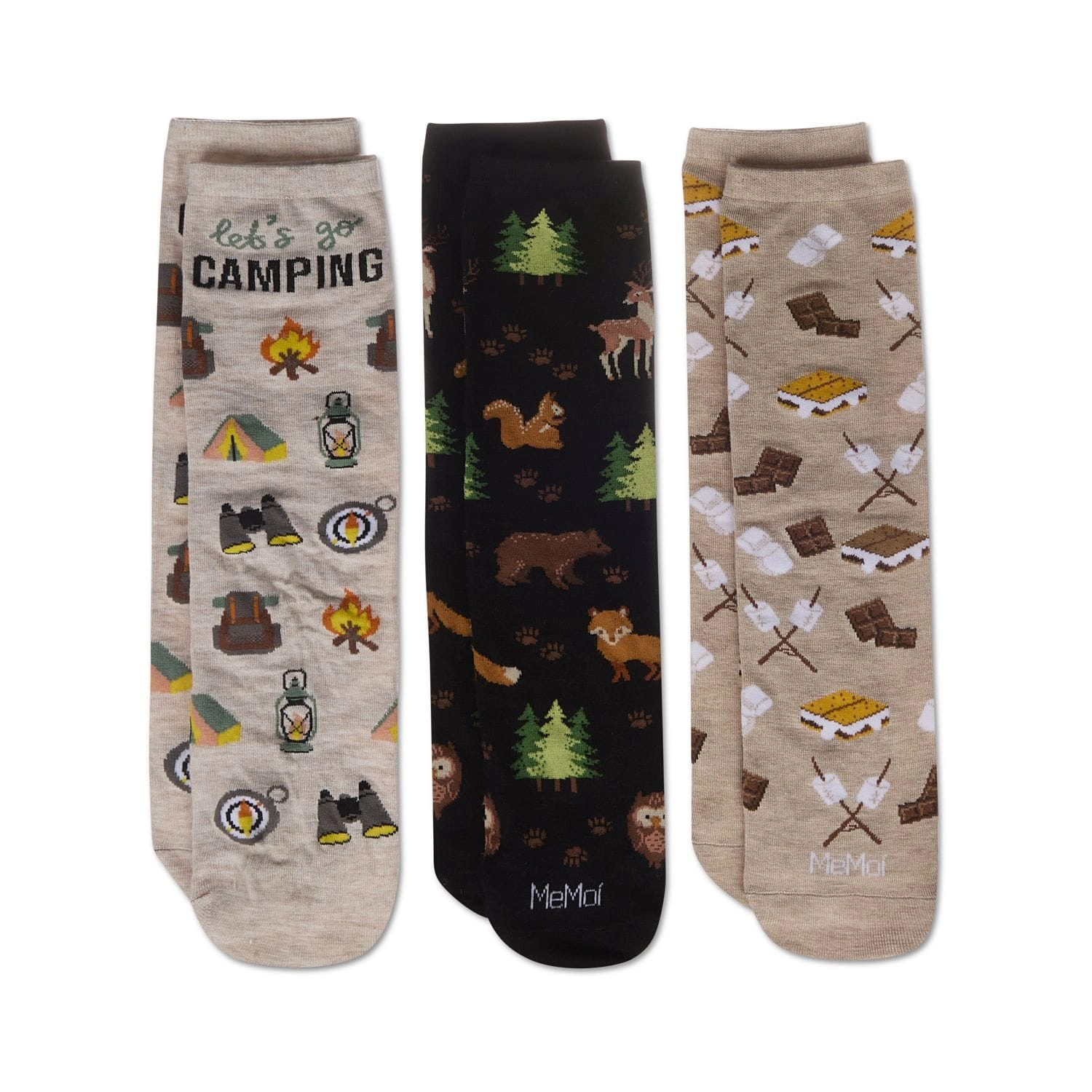MeMoi 3 Pair "Let's Go Camping" Rayon-Blend Novelty Crew Socks Gift Set
