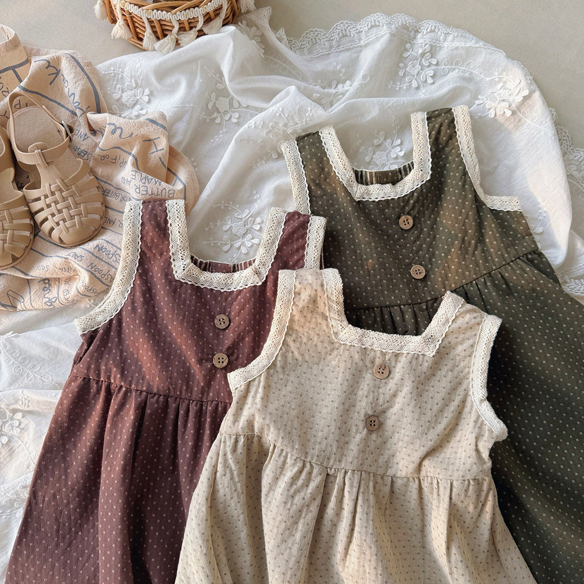MyKids-USA Girls Sleeveless Lace Trim Geometric Dots Summer Dress