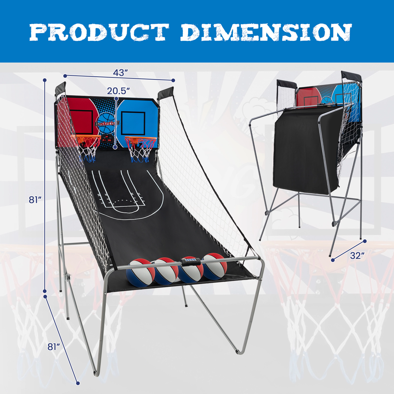 SUGIFT Dual Shot Foldable Basketball Arcade Game with 8 Game Modes Electronic Scorer 12-in Rim and 4 Balls
