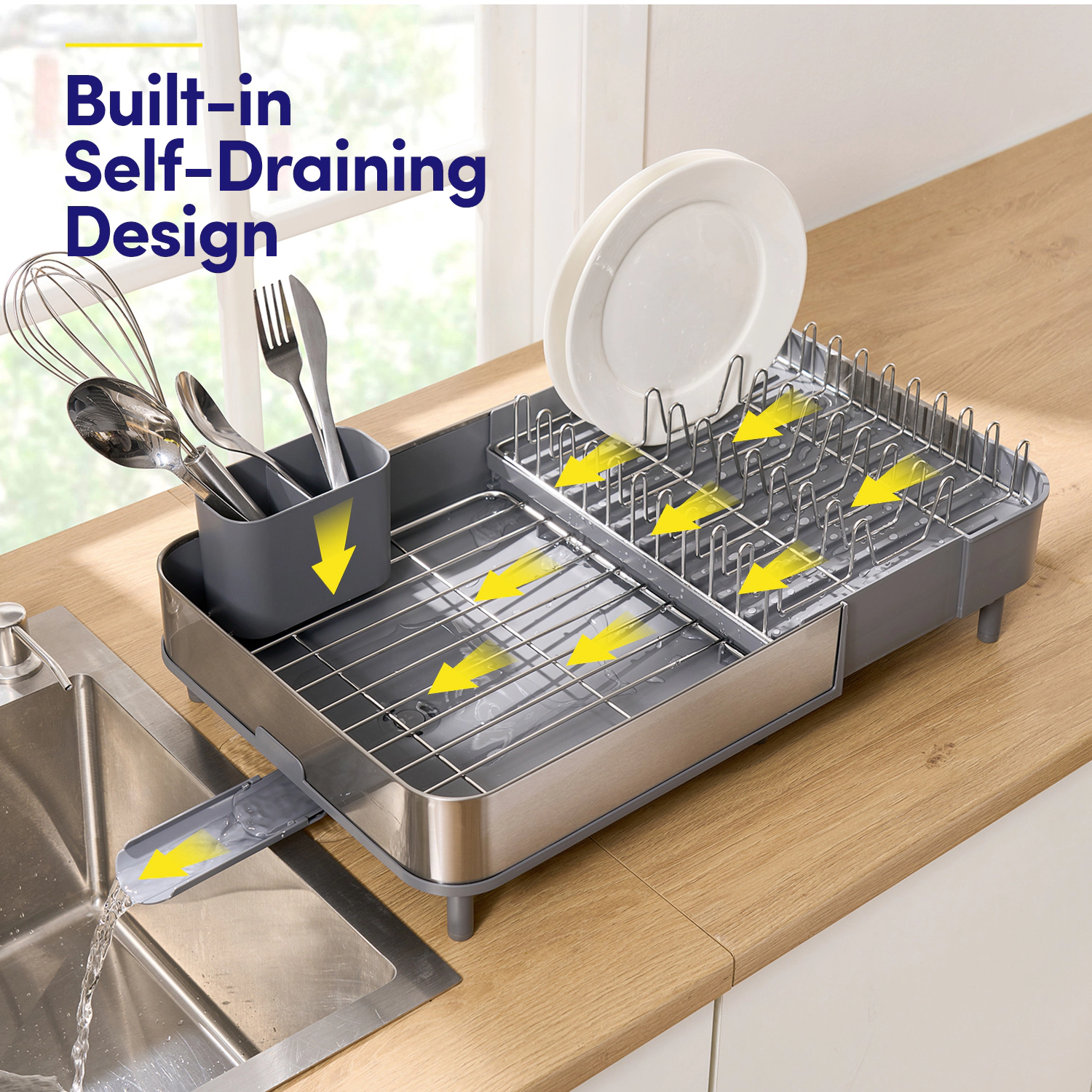 Sweet Home Collection 4-Piece Expandable Dish Drying Rack with Steel Frame, Wire Racks and Utensil Holder