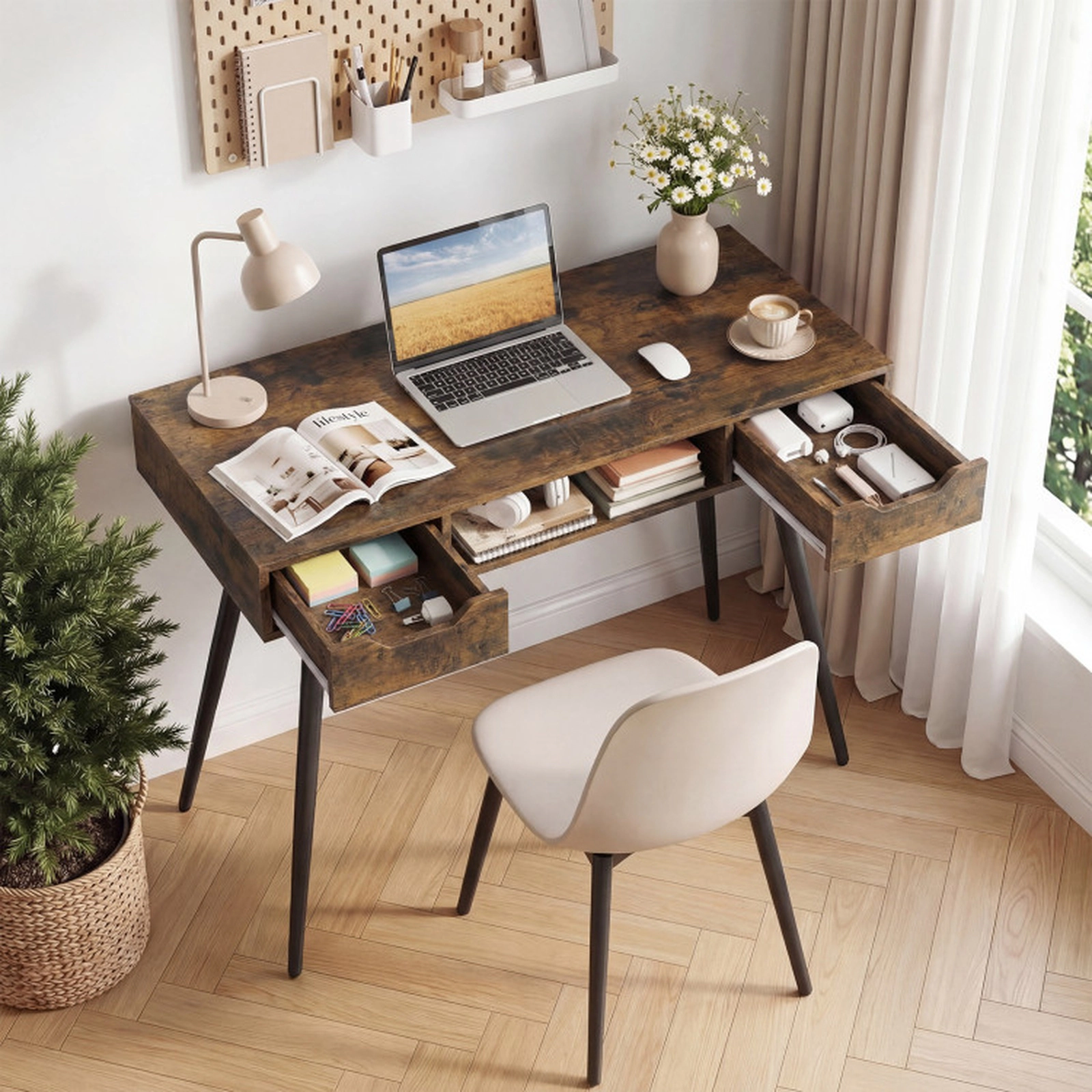 SUGIFT 42.5-Inch Rustic Brown Mid-Century Modern Writing Desk with 2 Drawers