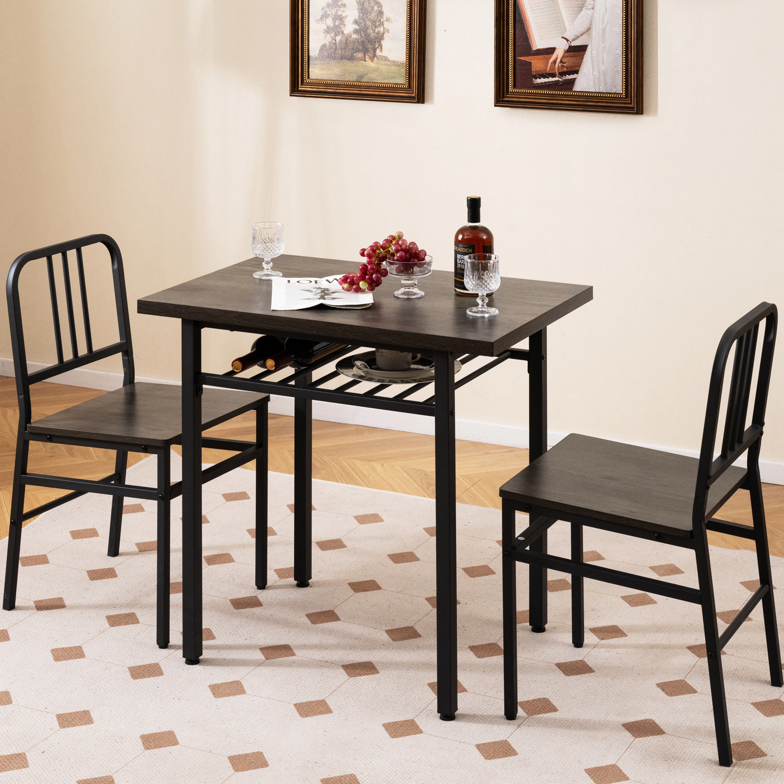 SUGIFT 3-Piece Engineered Wood and Metal Dining Table Set with Storage Shelf 200-lb Table 330-lb Chairs Gray