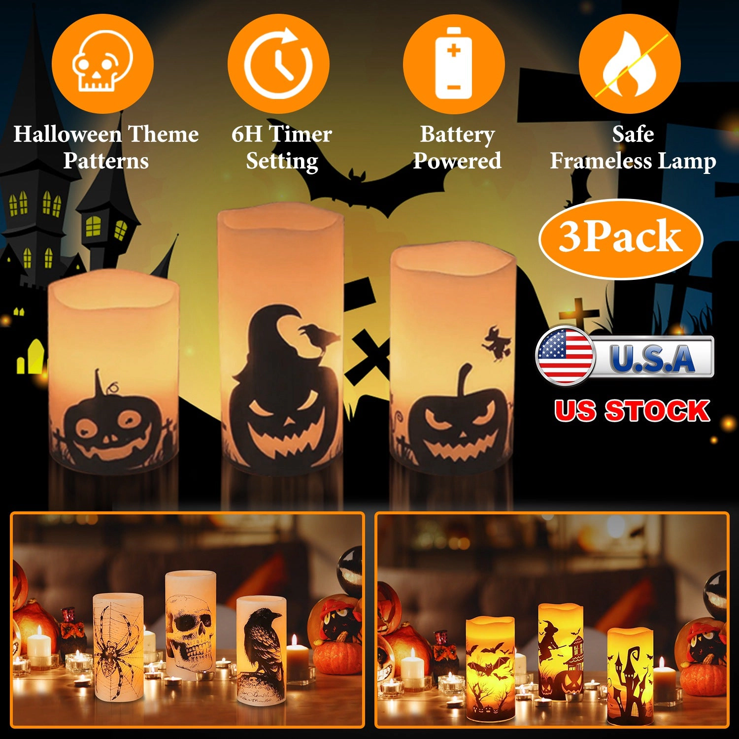 GBruno 3-Pack Timer Halloween Flameless Candle Lamps