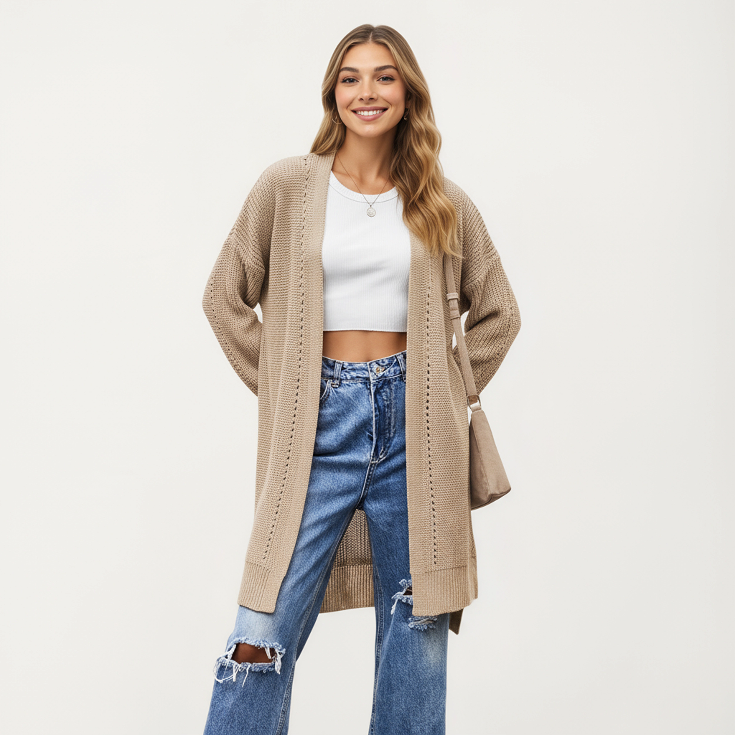 Anna-Kaci Women's Open Front Knit Cardigan with Relaxed Fit and Textured Detailing