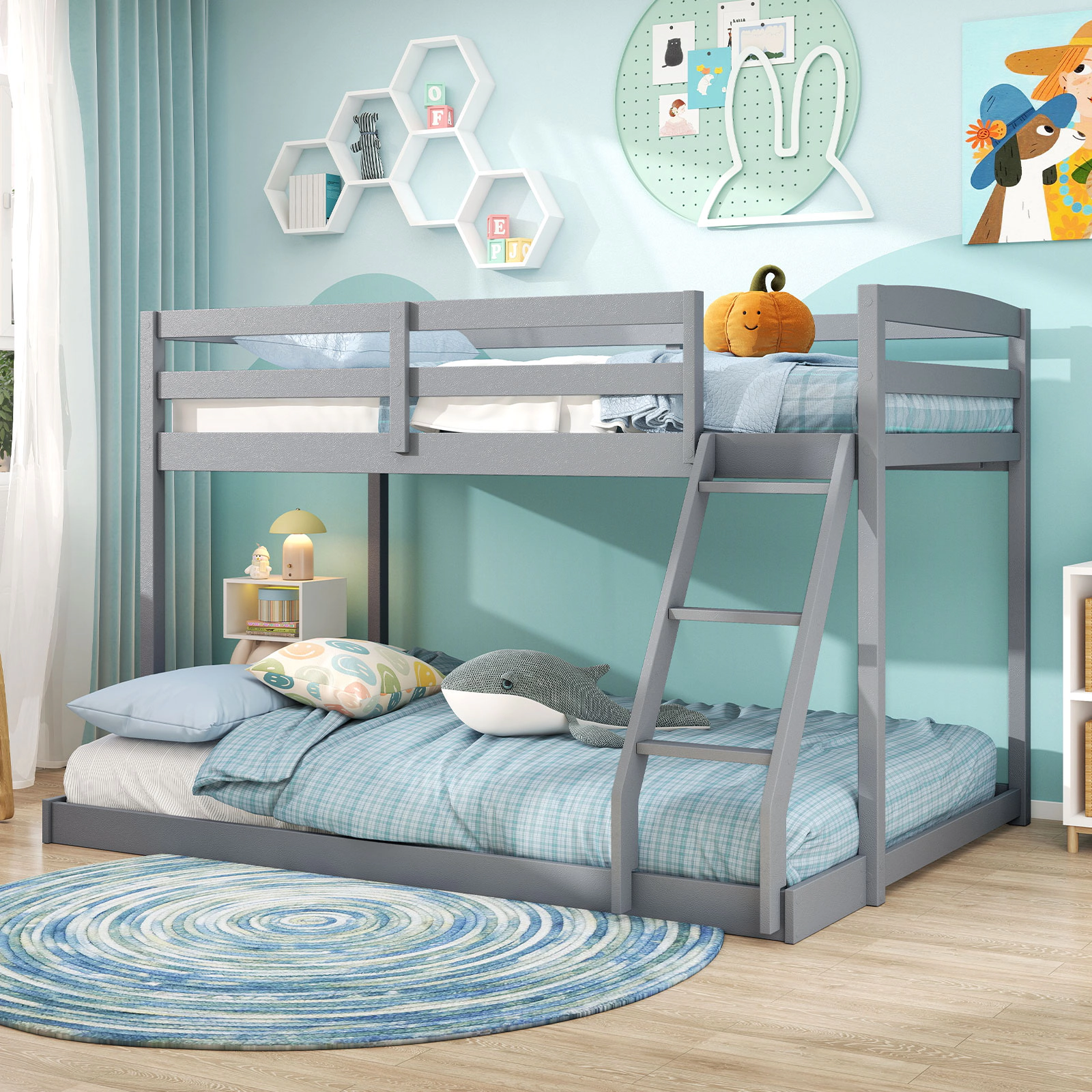 SUGIFT Twin Over Full Low Floor Bunk Bed Frame Guardrails & Ladder 250-lb Upper 350-lb Lower Capacity Gray/White/Natural