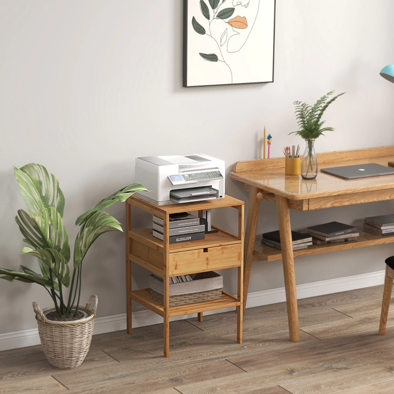 SUGIFT Bamboo Nightstand with Storage Drawer and Slatted Shelf 66-lb Tabletop Capacity Natural