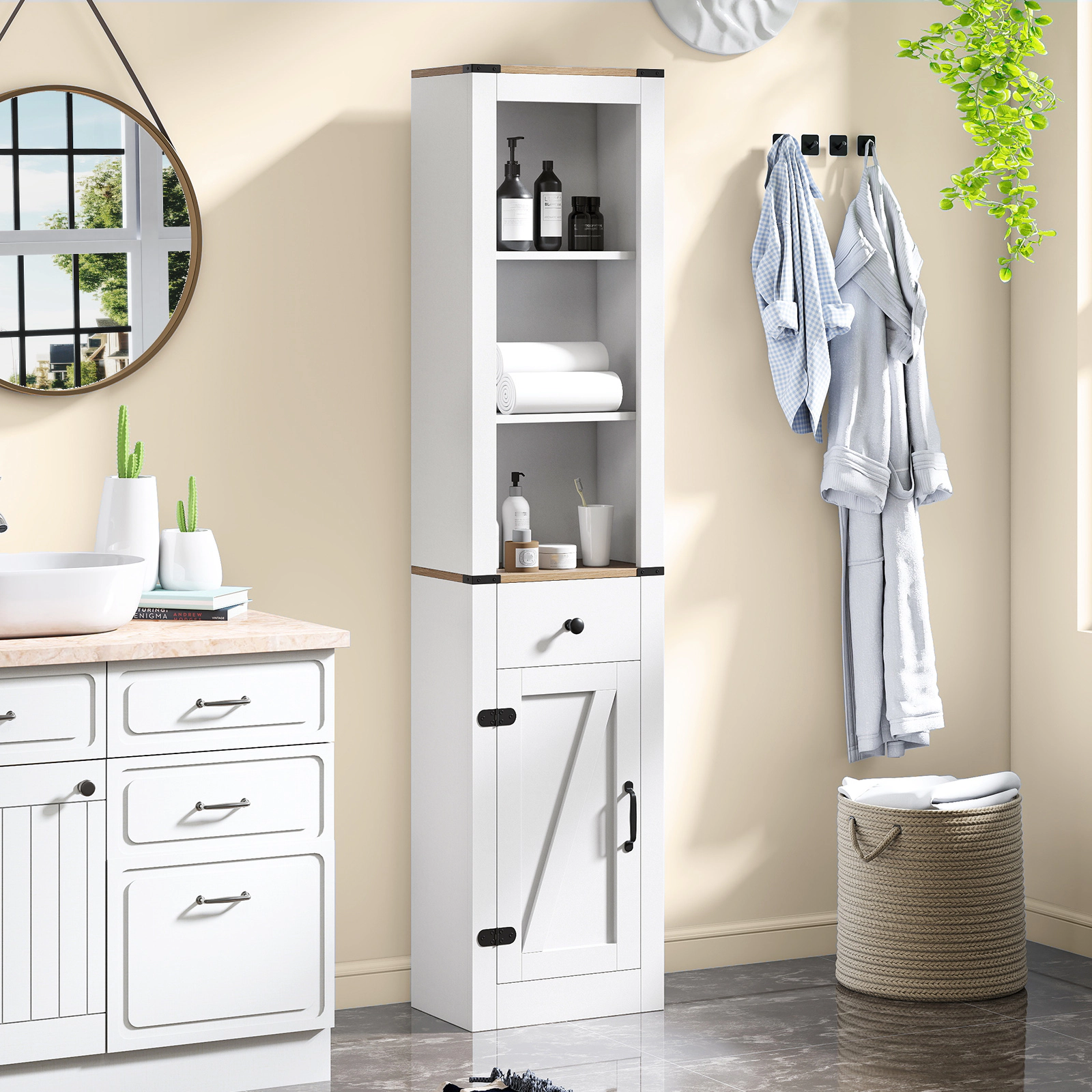 Slickblue Tall Bathroom Storage Cabinet White Natural MDF Barn Door Accent Adjustable Shelf