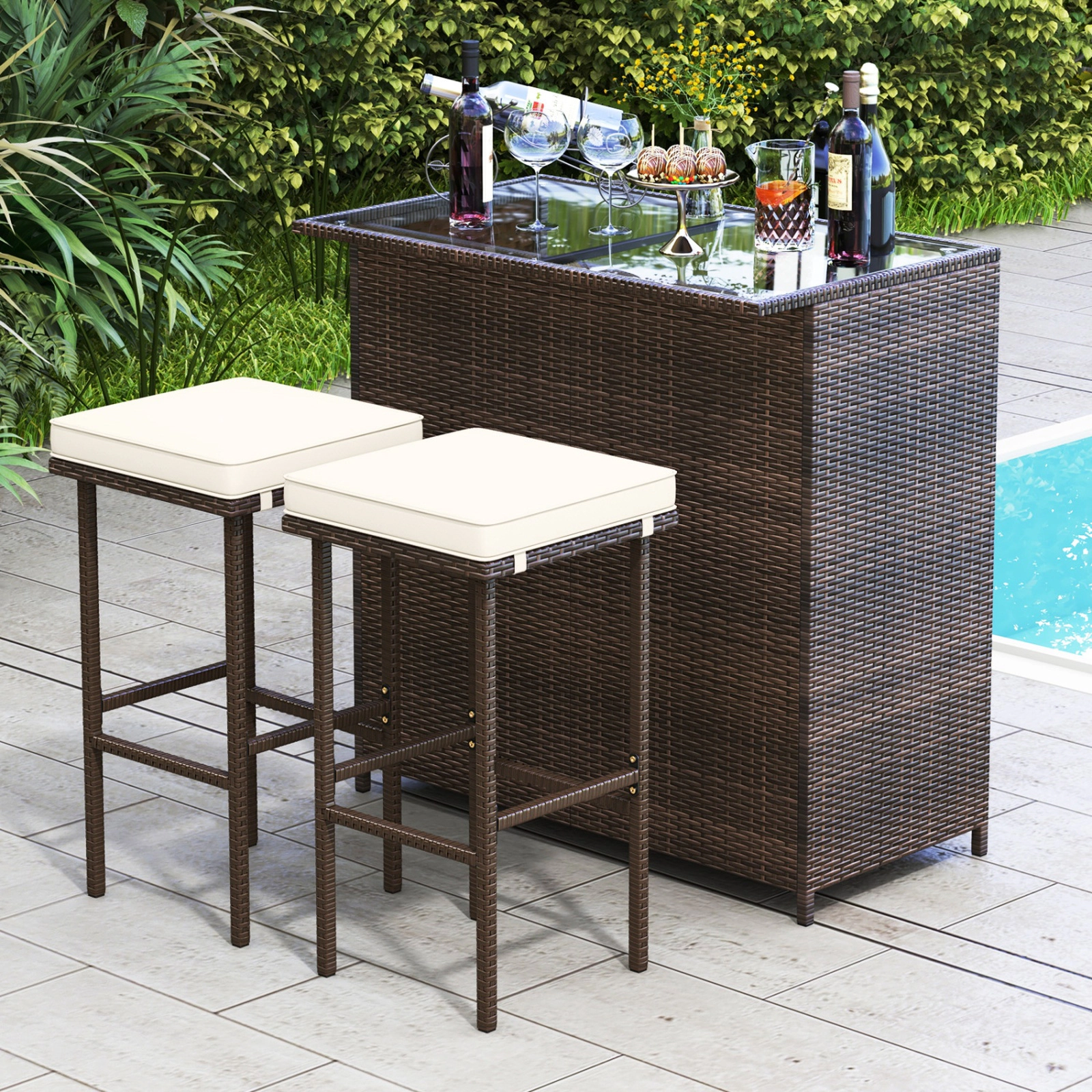 SUGIFT 3-Piece Rattan Wicker Bar Set with Bar Table and Cushioned Stools 360-lb Chair Capacity As the Picture Shows