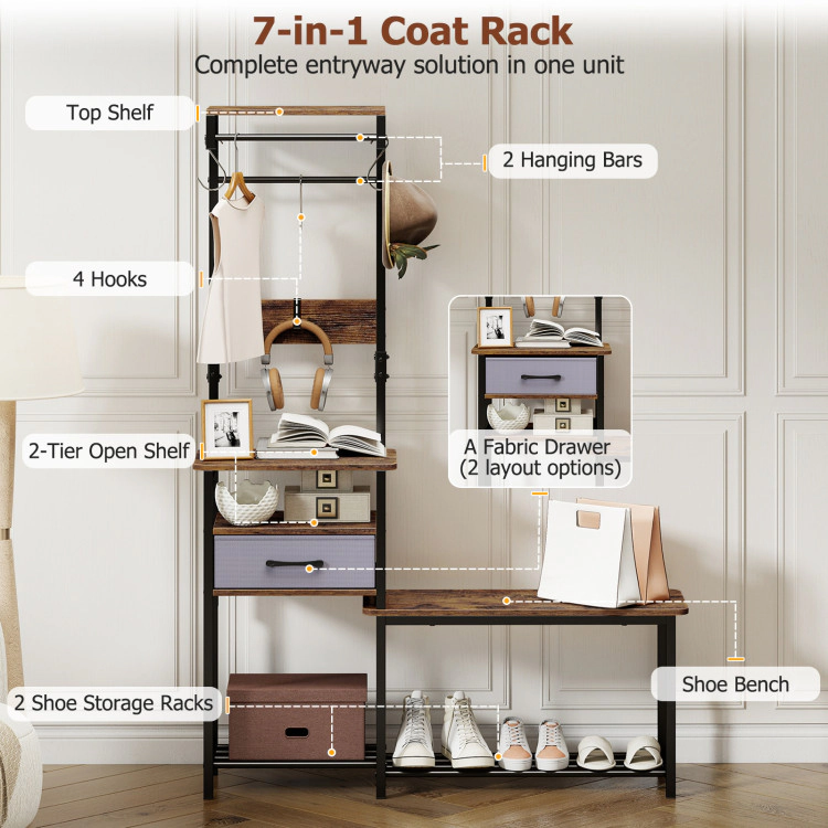 Hivvago 7-in-1 Hall Tree with Shoe Bench and Hooks and Removable Drawer for Entryway
