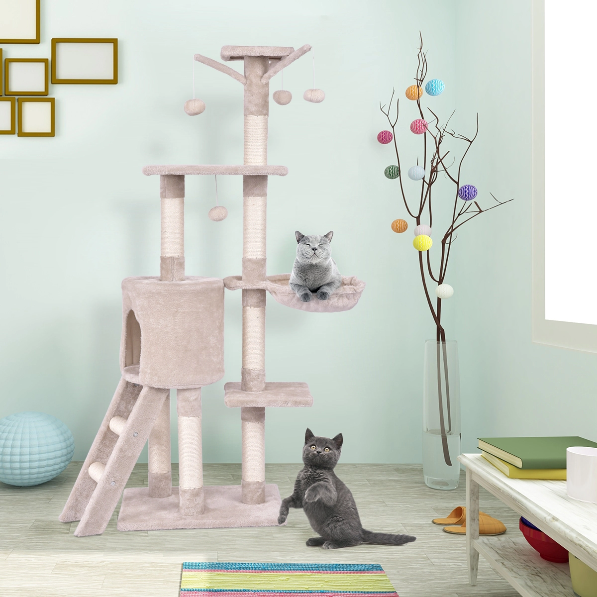SUGIFT 56 in Cat Play Tree Beige with Condo Scratching Posts and Climbing Ladder