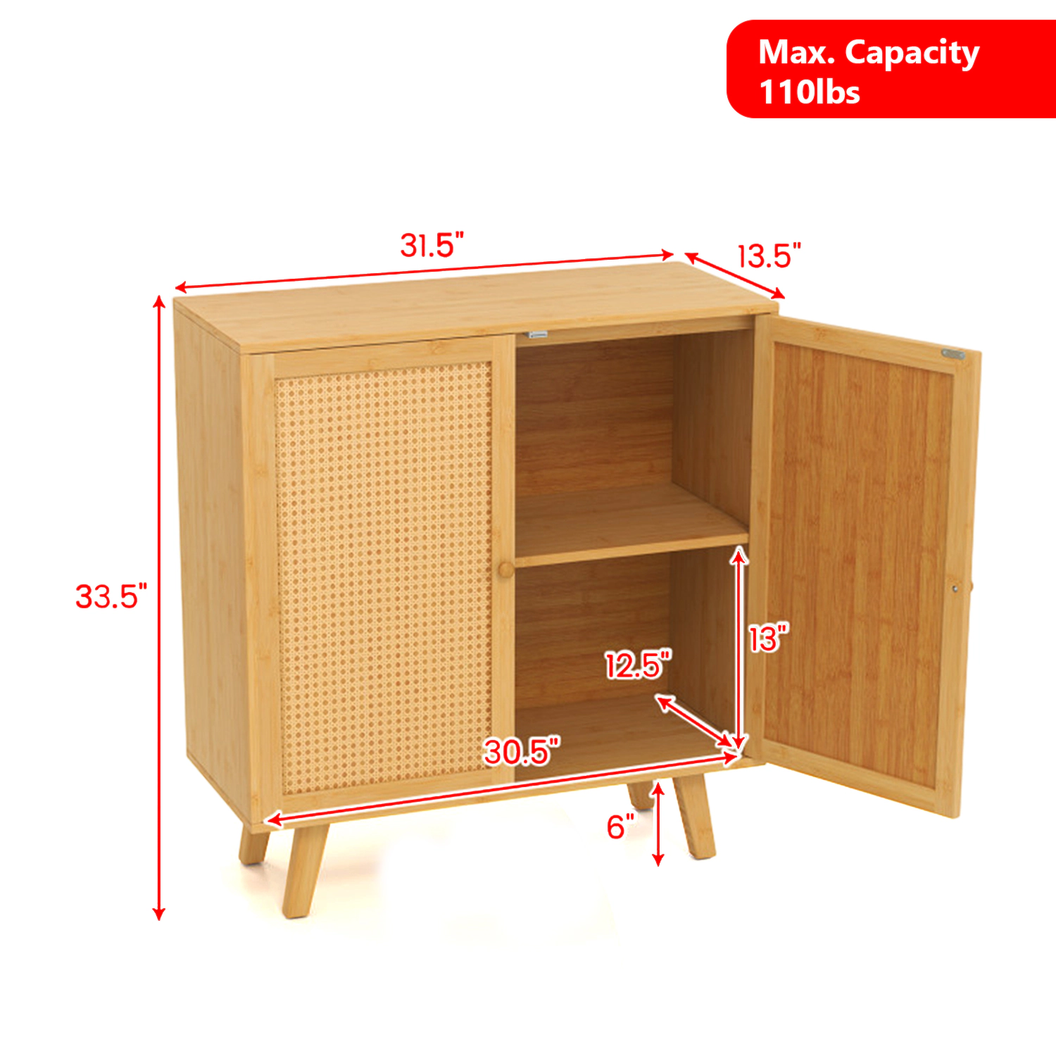 Hivvago Freestanding Bamboo Buffet with Woven PE Rattan Doors and Ample Storage