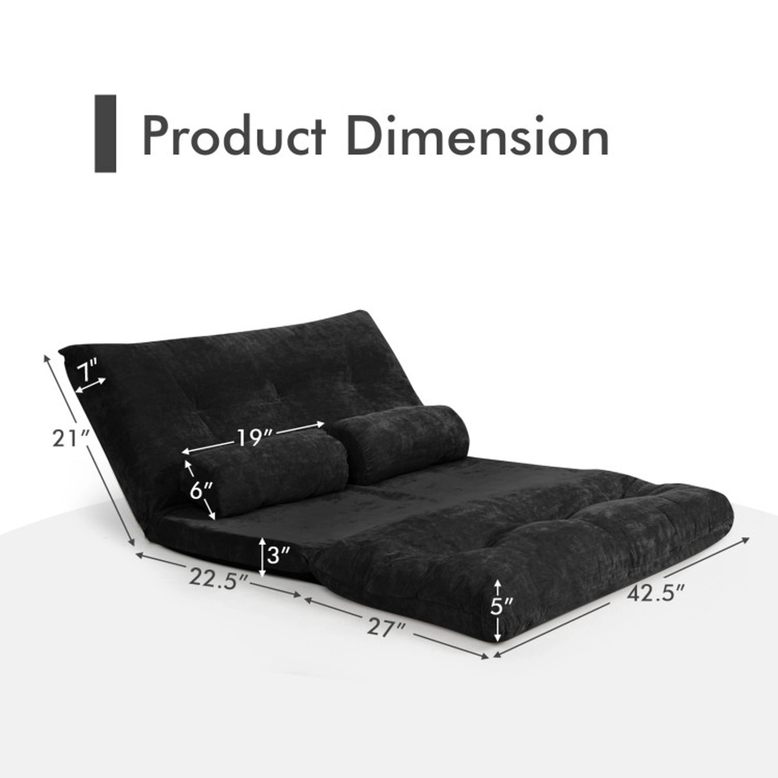 SUGIFT 6-Position 2 Pillows Ribbed Corduroy Convertible Floor Sofa Bed 71-in x 42.5-in x 7-in 330-lb Capacity Black